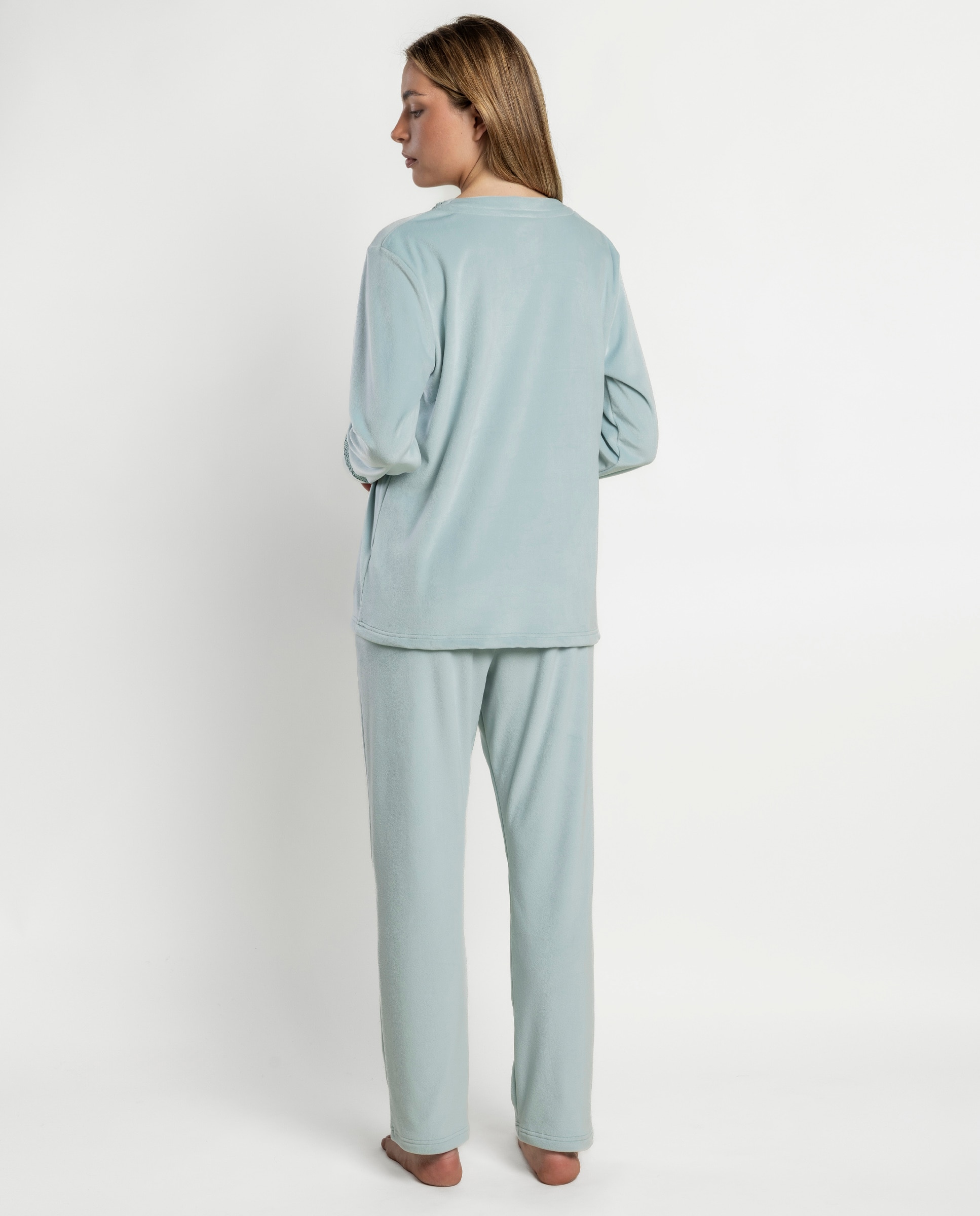 Pijama largo de mujer de tejido de terciopelo doble cara - Admas - Verde Agua Verde Agua-2