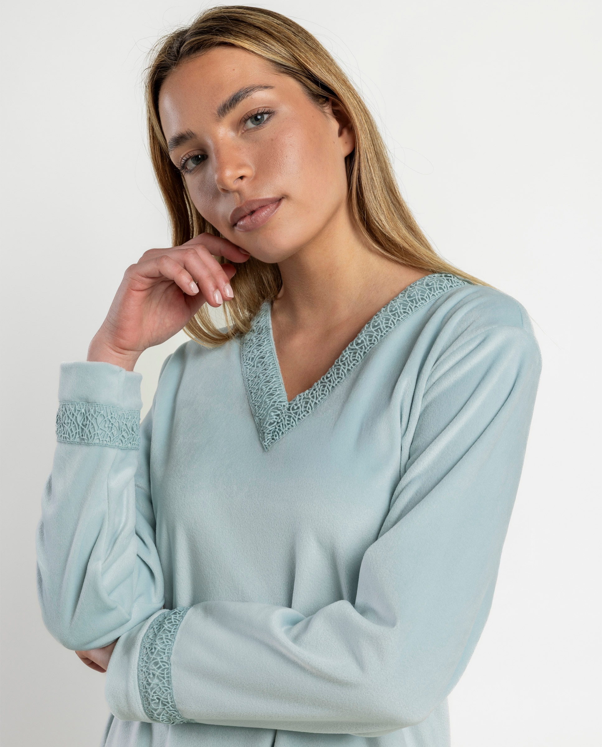 Pijama largo de mujer de tejido de terciopelo doble cara - Admas - Verde Agua Verde Agua-3