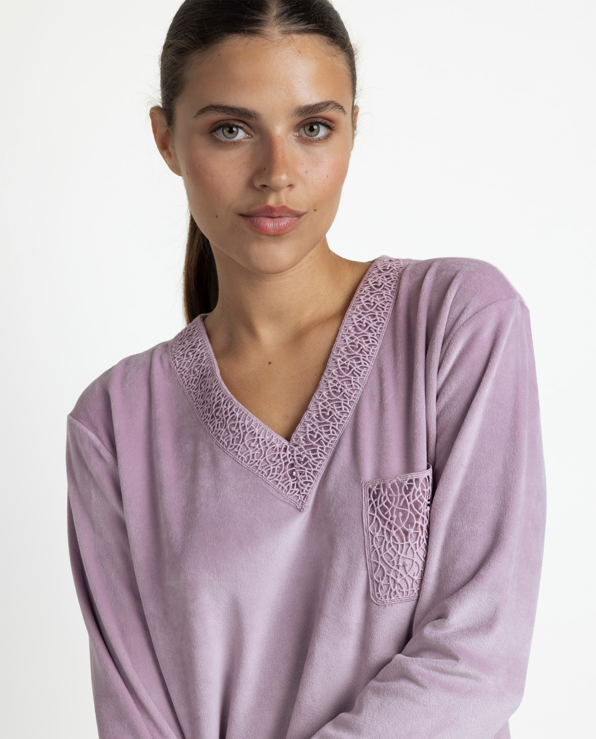Camisón largo de mujer de tejido de terciopelo doble cara - Admas - Rosa Rosa-3