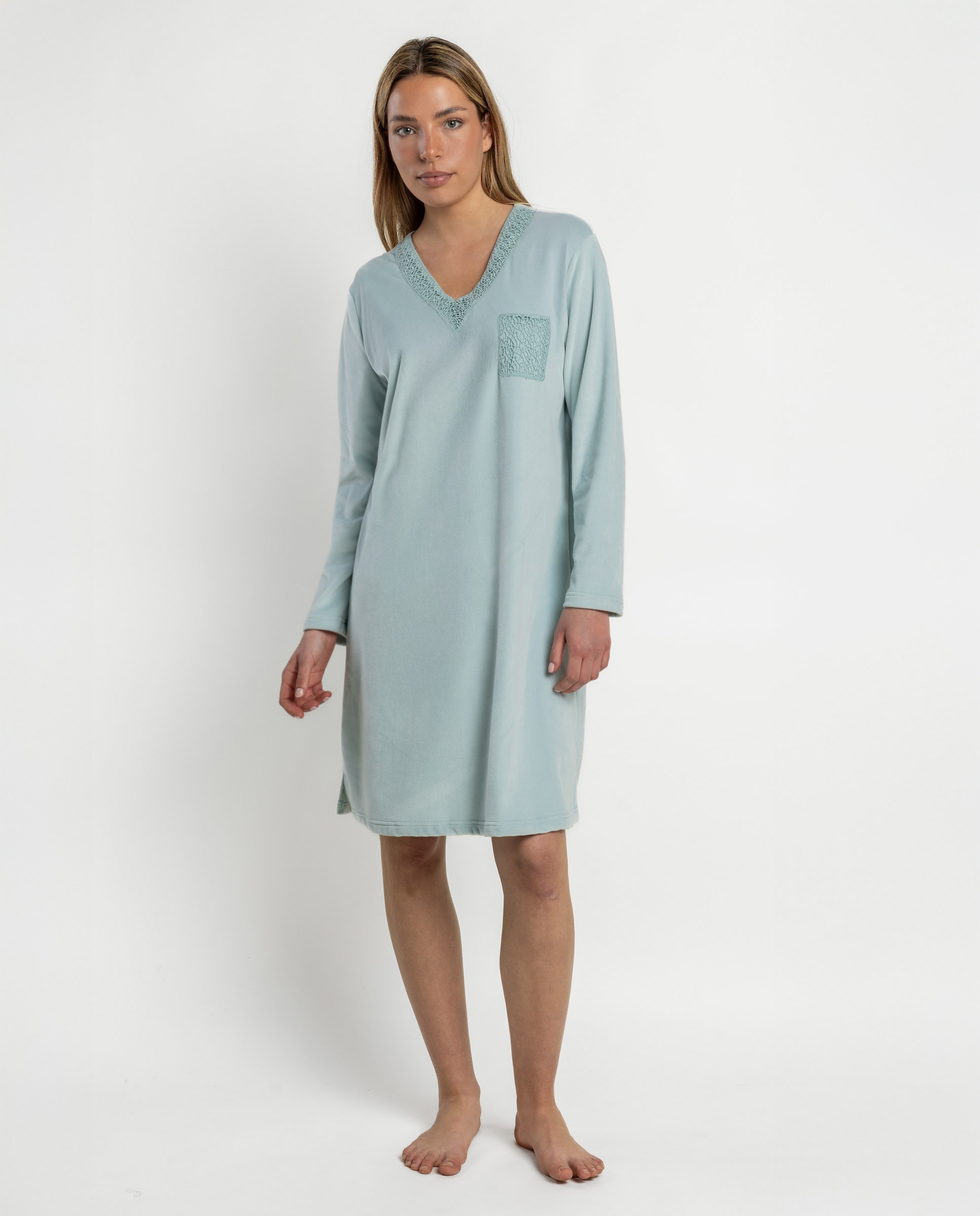 Camisón largo de mujer de tejido de terciopelo doble cara - Admas - Verde Agua Verde Agua-1