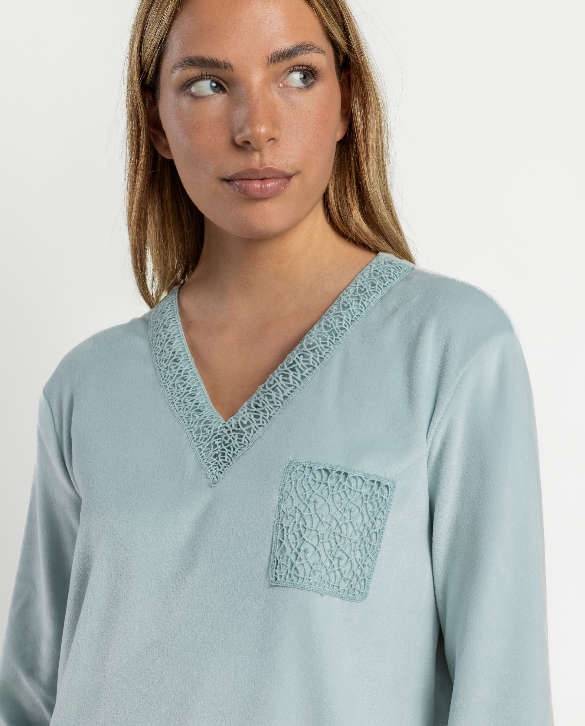 Camisón largo de mujer de tejido de terciopelo doble cara - Admas - Verde Agua Verde Agua-3