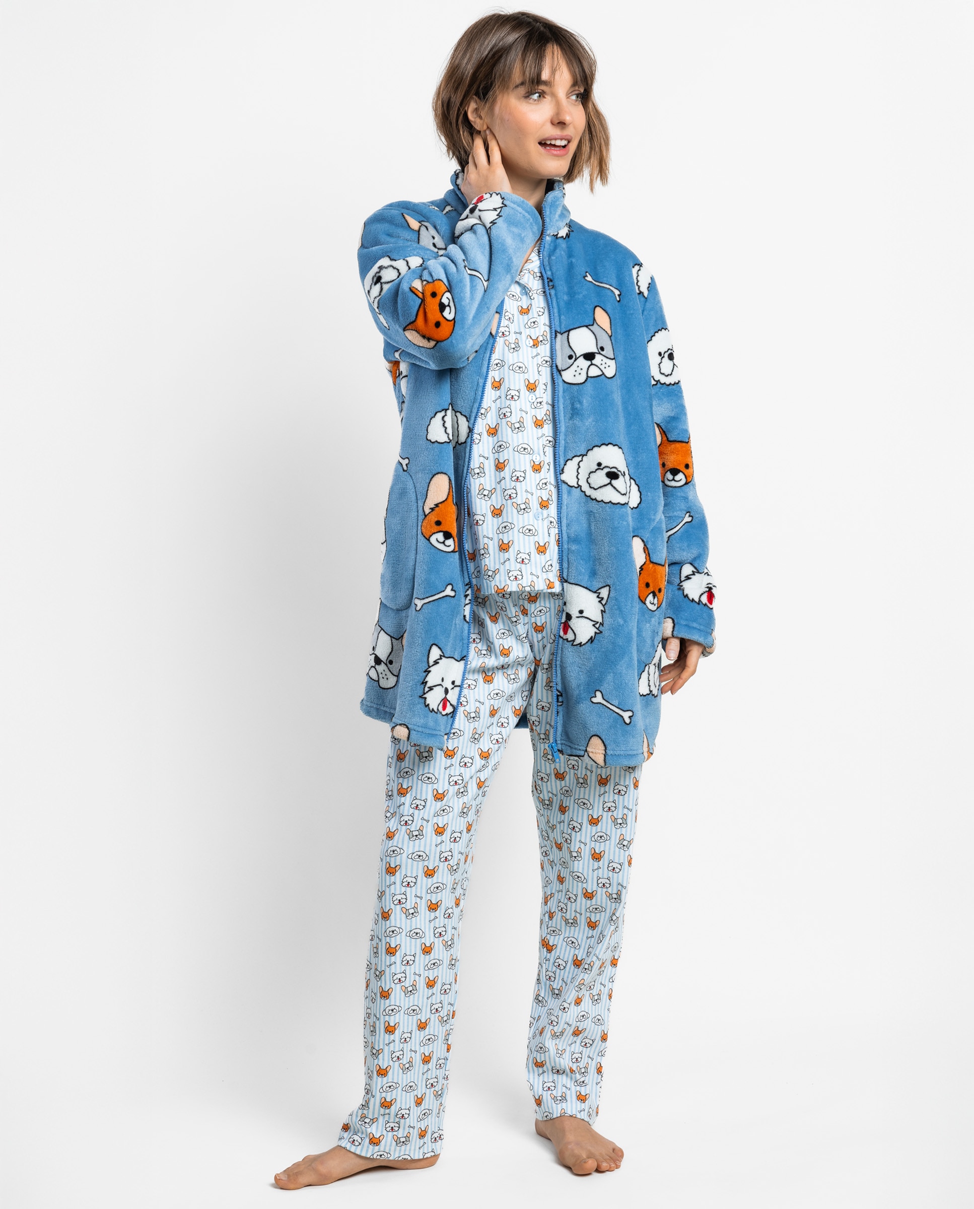 Bata de manga larga de mujer de tejido polar con cremallera - Admas - Azul Azul-1