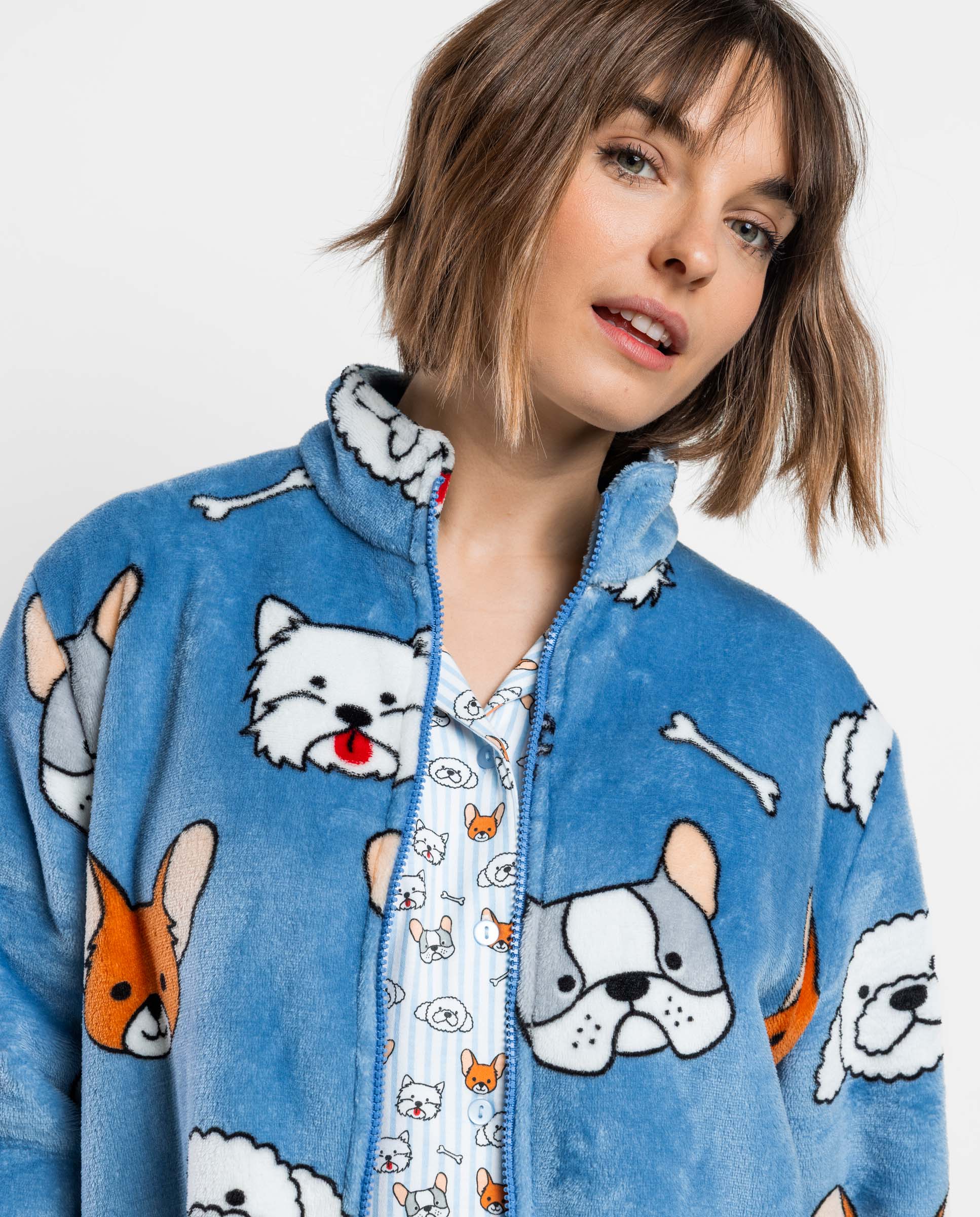 Bata de manga larga de mujer de tejido polar con cremallera - Admas - Azul Azul-3