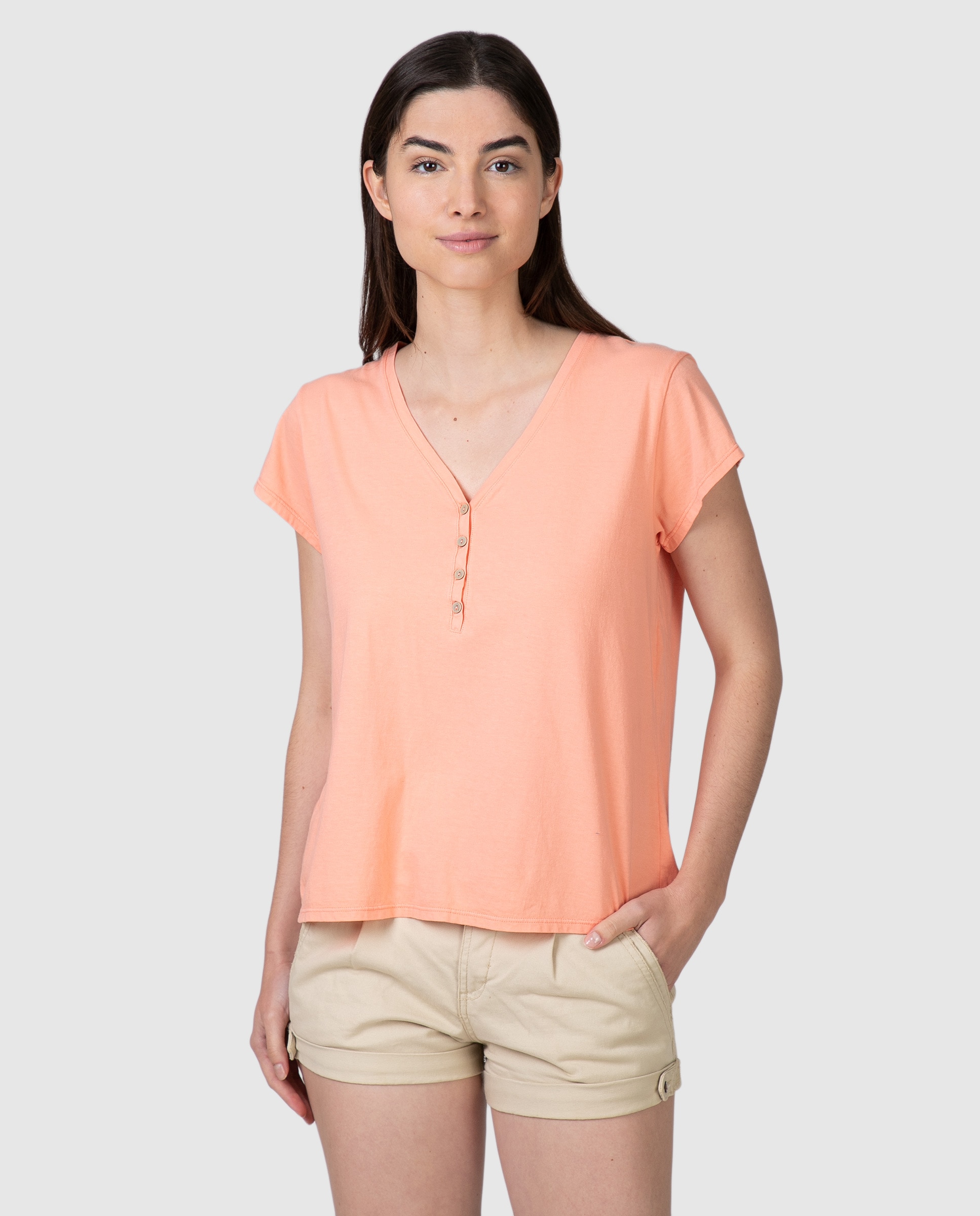 Imagen 0 de Camiseta interior básica de mujer de manga corta con botones decorativos Coral