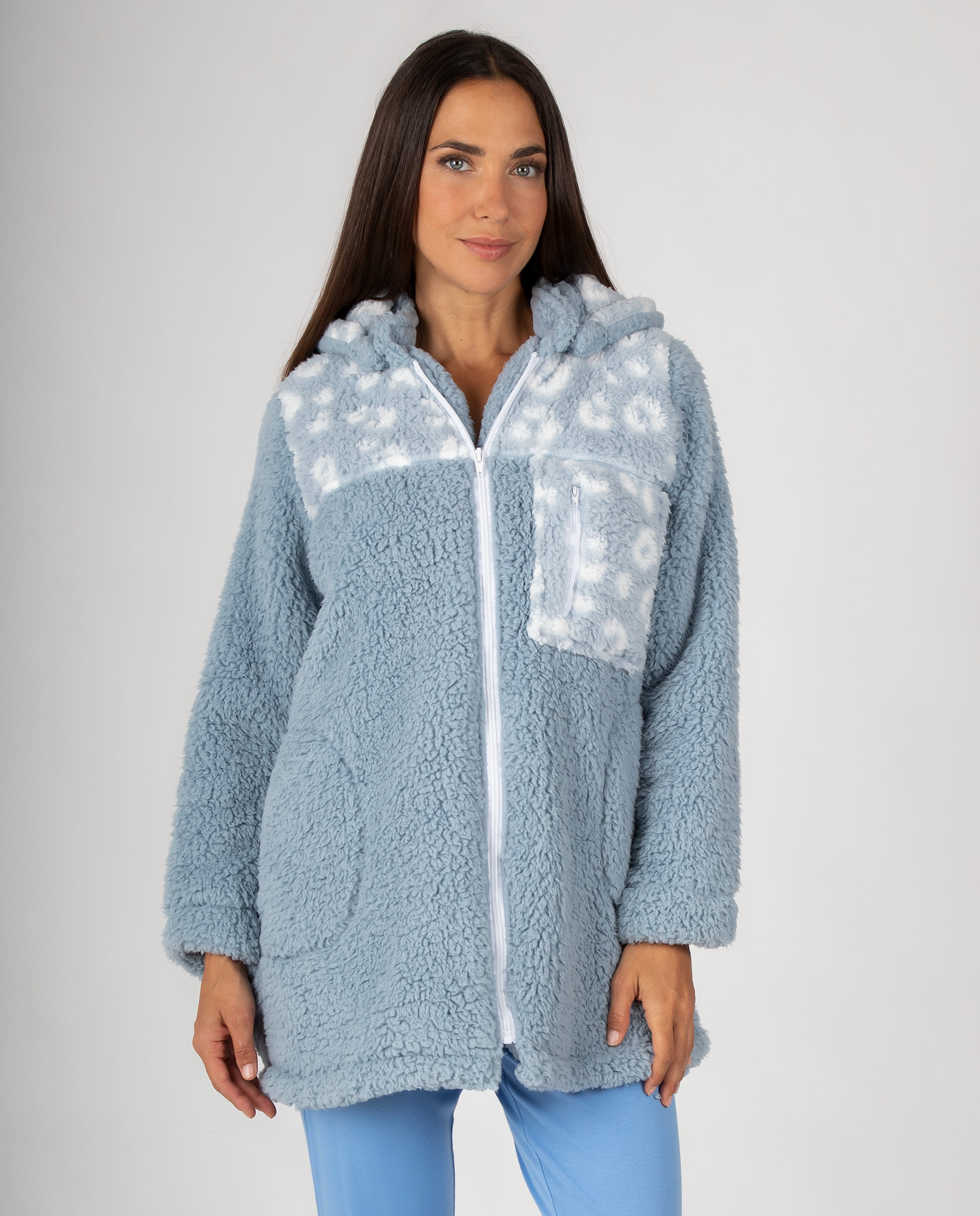 Bata corta de mujer en tejido polar con capucha, cremallera y bolsillo de pecho - Massana - Azul Azul-1