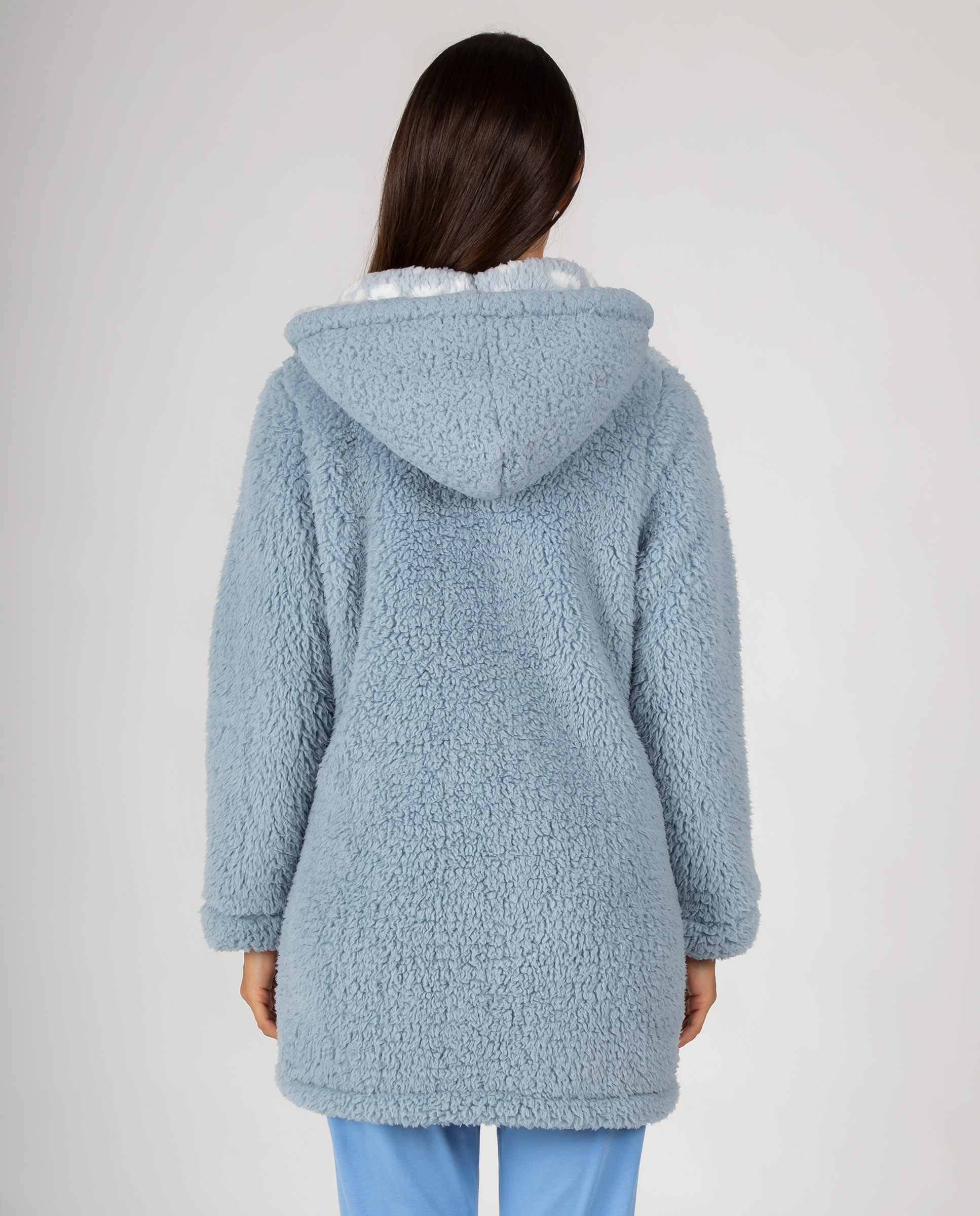 Bata corta de mujer en tejido polar con capucha, cremallera y bolsillo de pecho - Massana - Azul Azul-2
