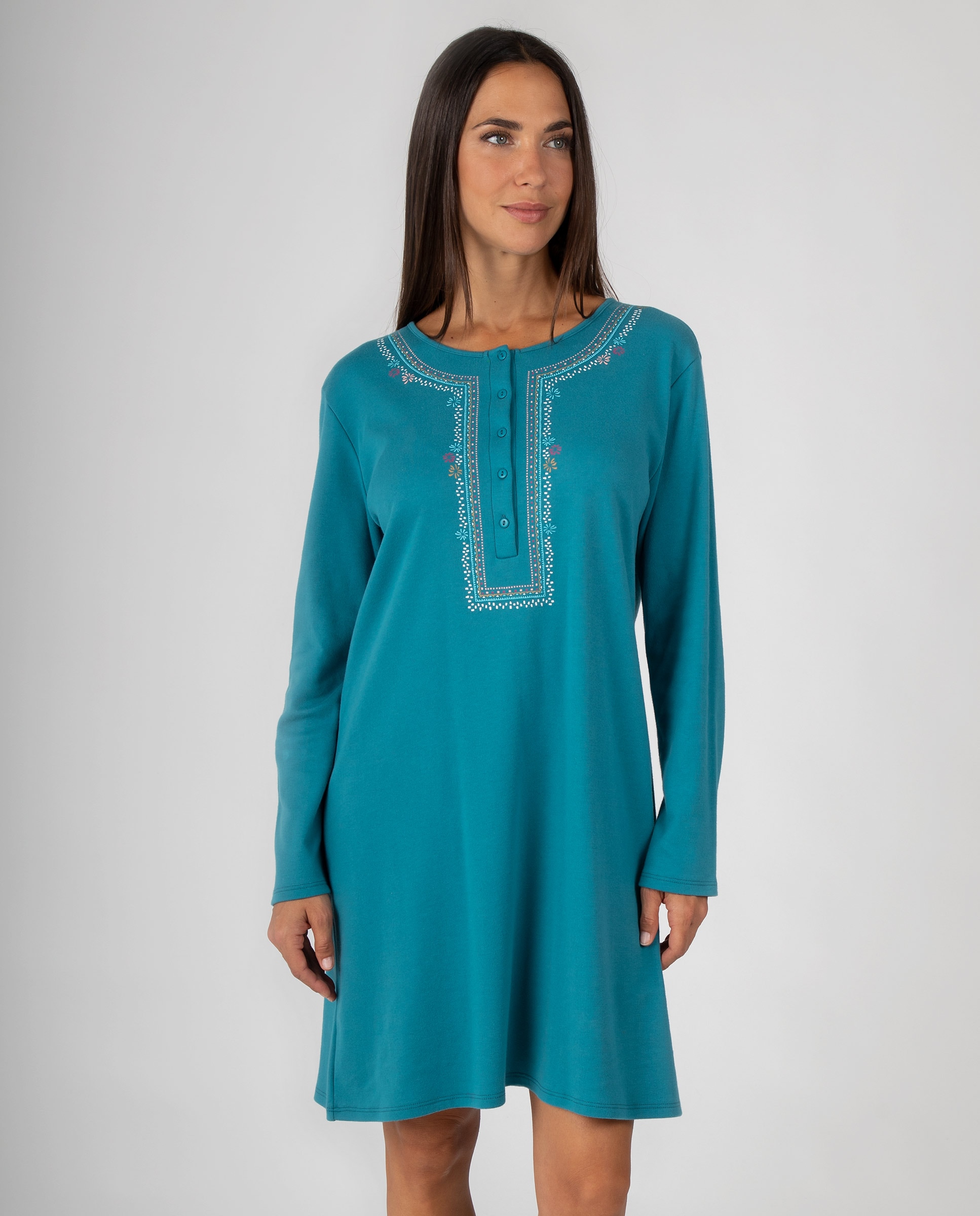 Camisón de mujer liso con diseño floral en tapeta con botones - Massana - Petróleo Petróleo-1