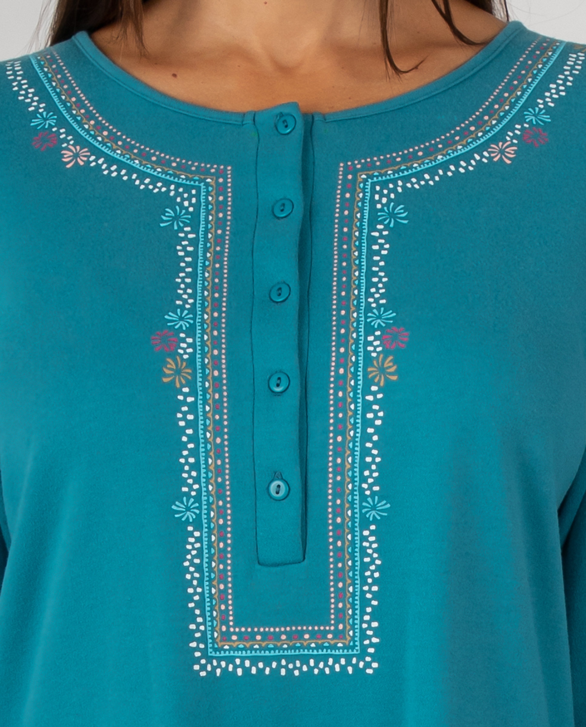 Camisón de mujer liso con diseño floral en tapeta con botones - Massana - Petróleo Petróleo-3
