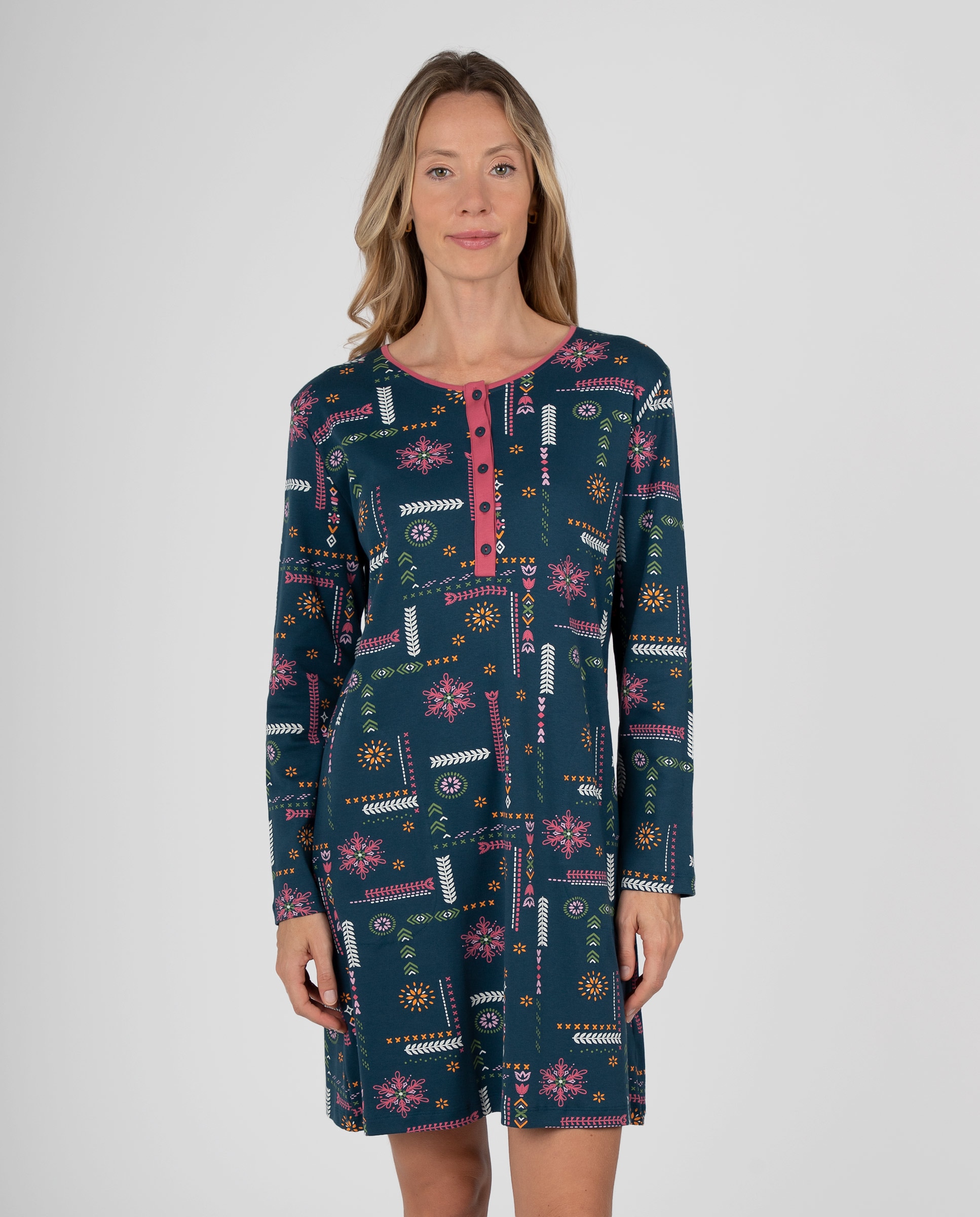 Camisón de mujer con cuello redondo, tapeta de botones a contraste y estampado étnico - Massana - Azul oscuro Azul oscuro-1