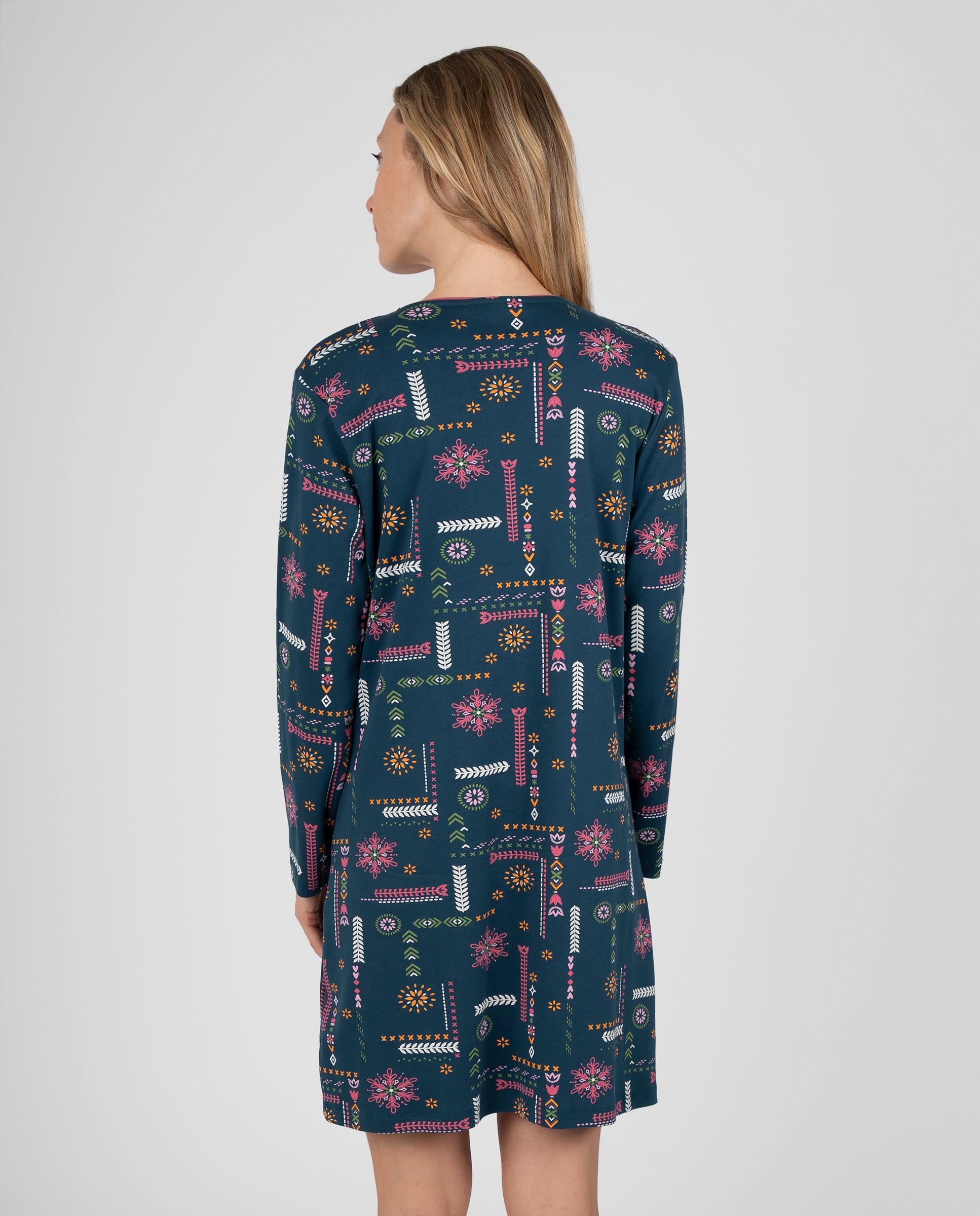 Camisón de mujer con cuello redondo, tapeta de botones a contraste y estampado étnico - Massana - Azul oscuro Azul oscuro-2