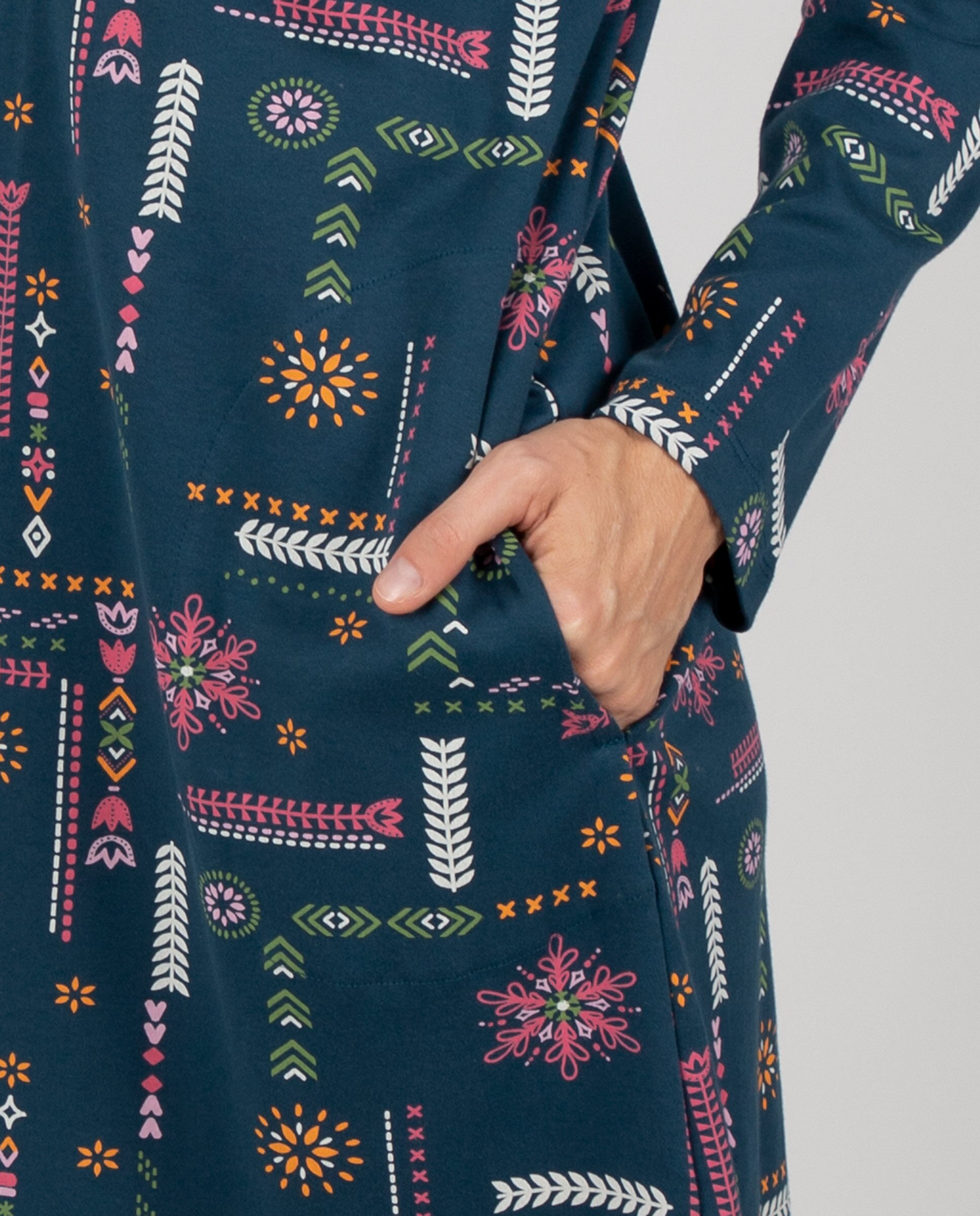 Camisón de mujer con cuello redondo, tapeta de botones a contraste y estampado étnico - Massana - Azul oscuro Azul oscuro-3