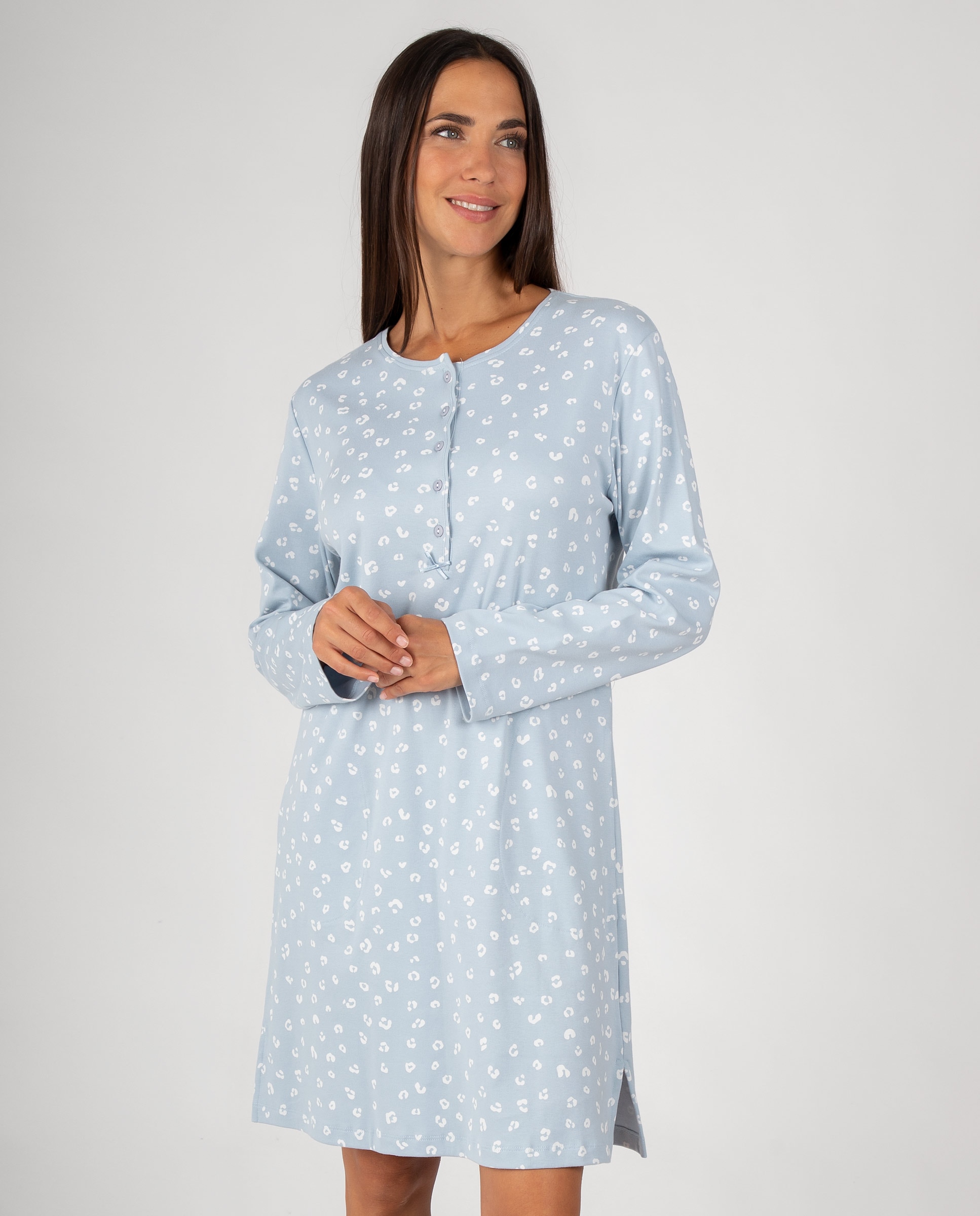 Camisón de mujer con cuello redondo, tapeta de botones y estampado de pequeños motivos - Massana - Azul Azul-1