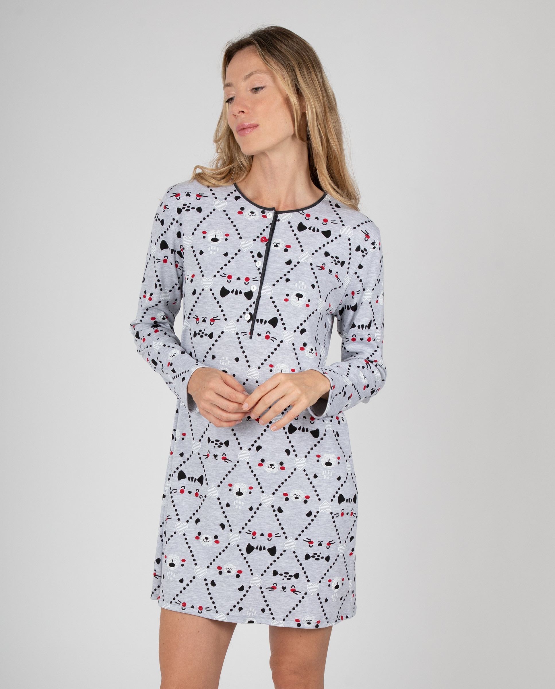 Camisón de mujer con estampado de caritas y tapeta a contraste - Massana - Gris Gris-1