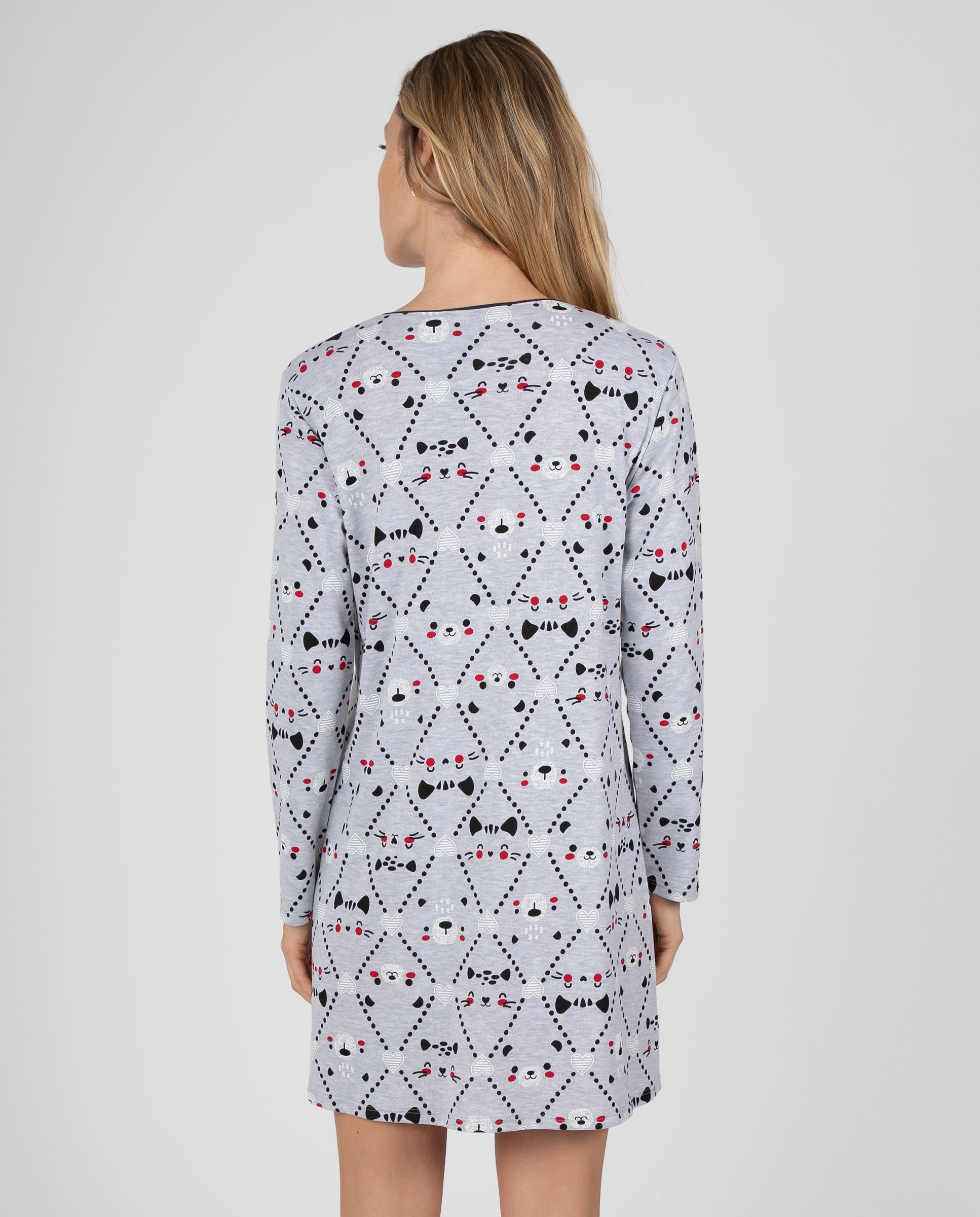 Camisón de mujer con estampado de caritas y tapeta a contraste - Massana - Gris Gris-2