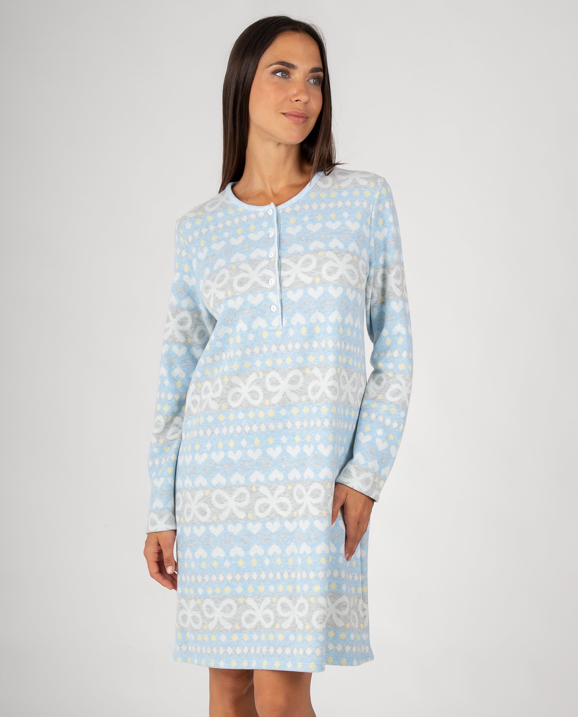 Camisón de mujer con estampado de cenefas, cuello redondo y tapeta de botones - Massana - Azul claro Azul claro-1