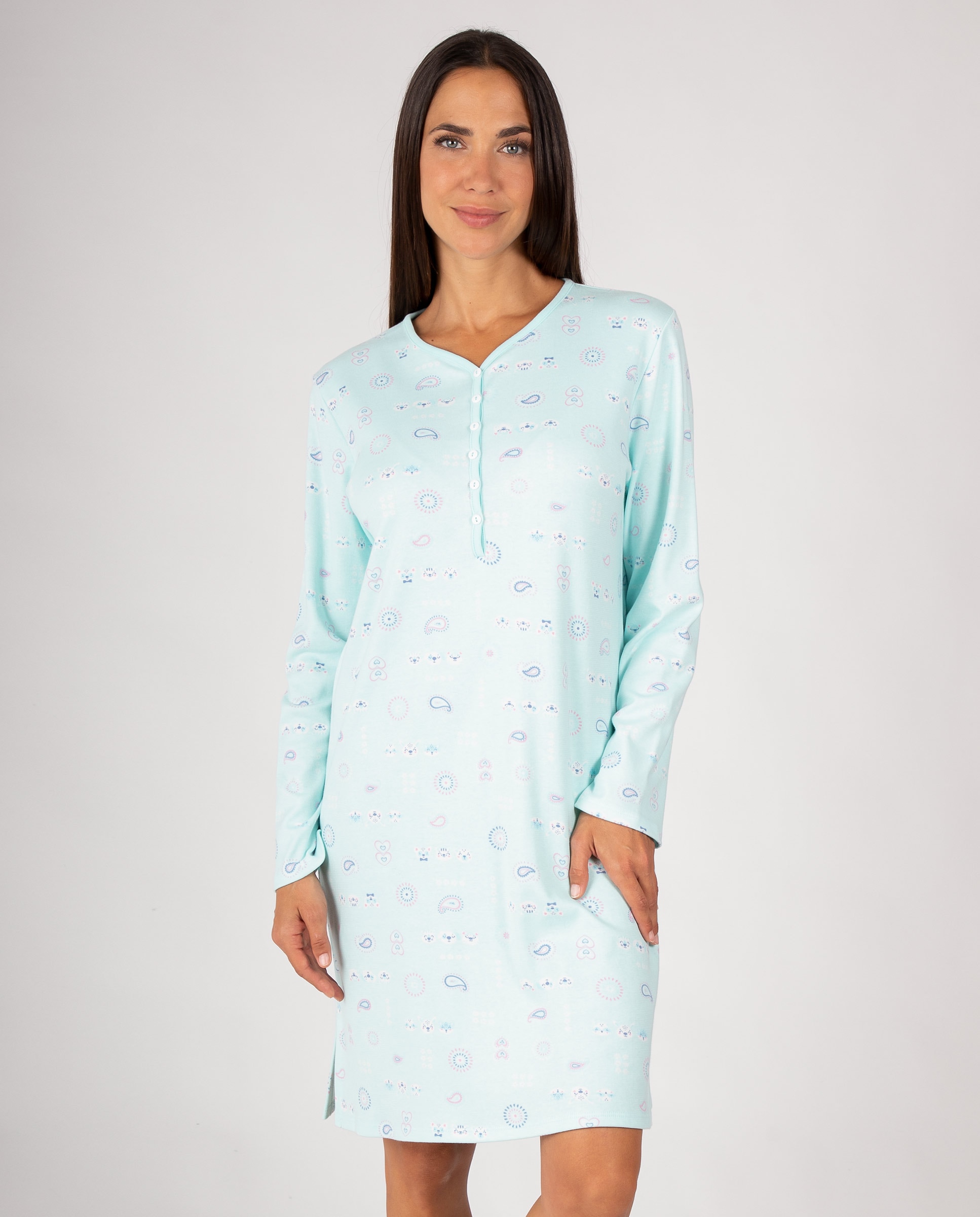 Camisón de mujer de manga larga con ligero cuello en pico y tapeta de botones - Massana - Turquesa Turquesa-1