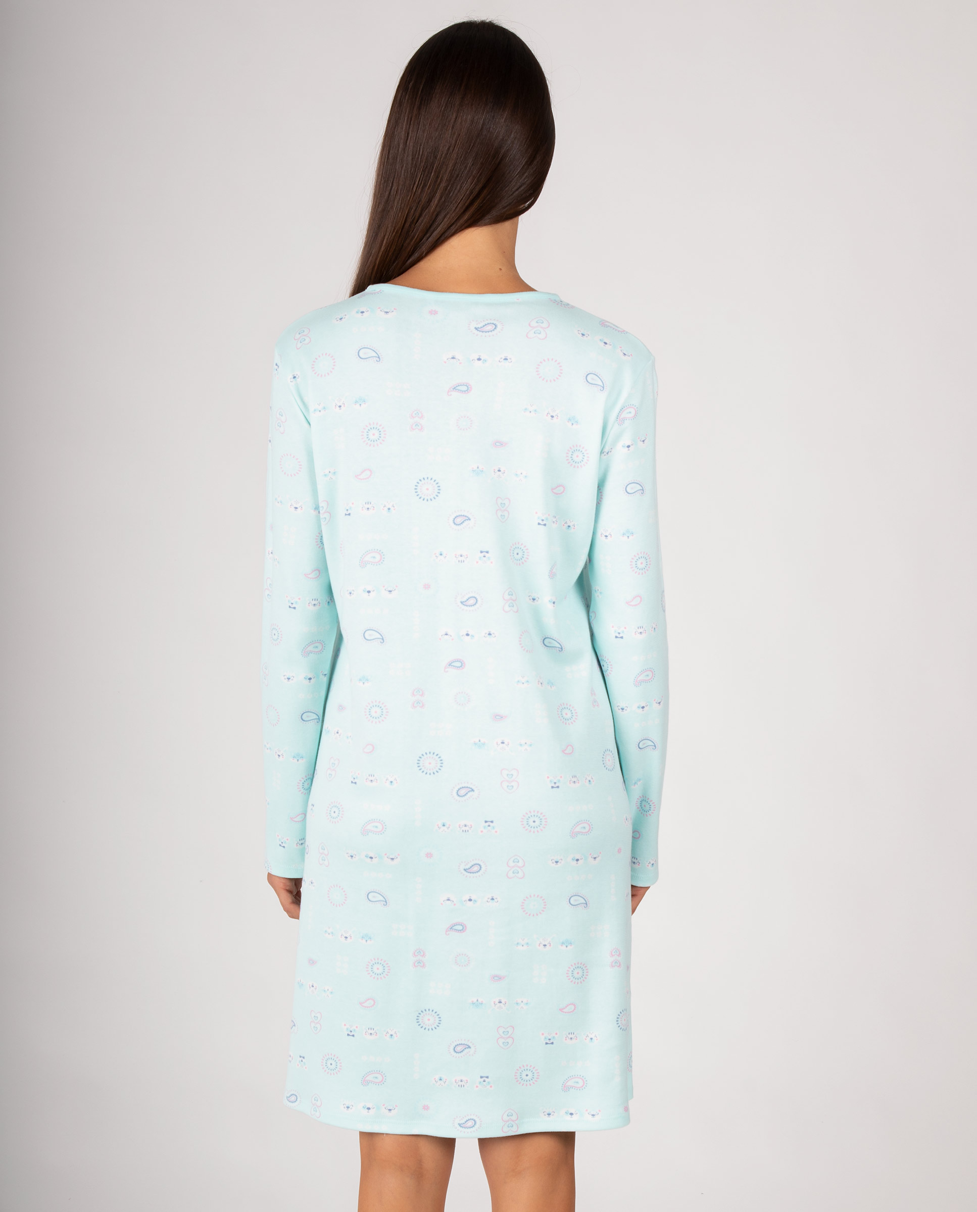 Camisón de mujer de manga larga con ligero cuello en pico y tapeta de botones - Massana - Turquesa Turquesa-2