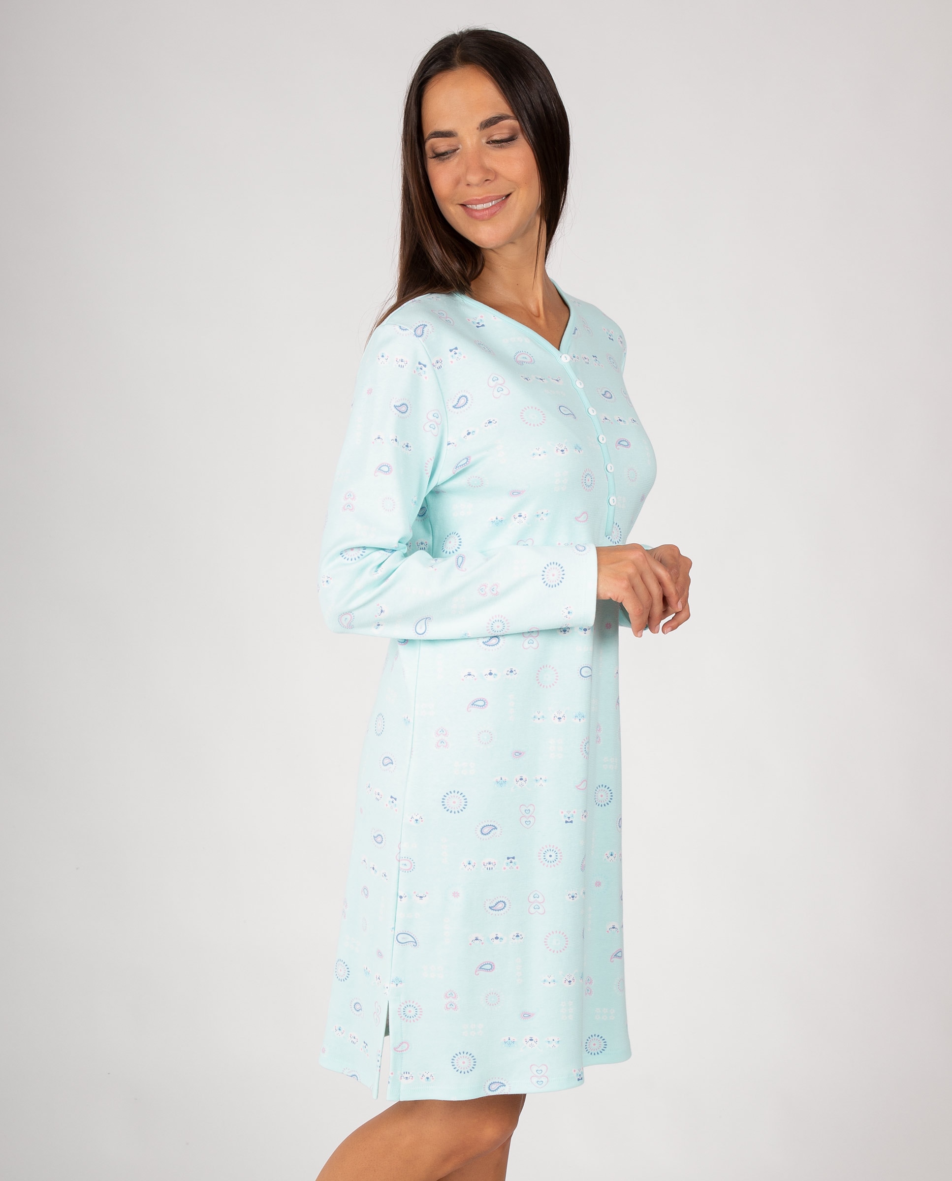 Camisón de mujer de manga larga con ligero cuello en pico y tapeta de botones - Massana - Turquesa Turquesa-3