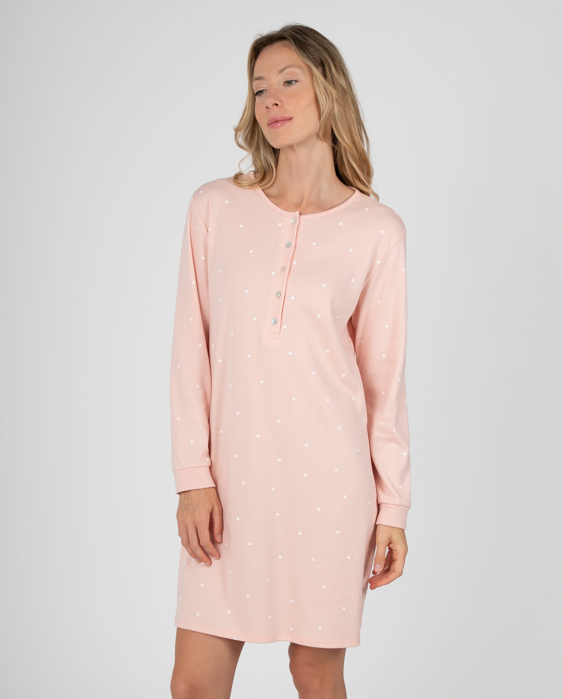 Camisón de mujer de manga larga con tapeta de botones y estampado de corazones - Massana - Rosa Rosa-1