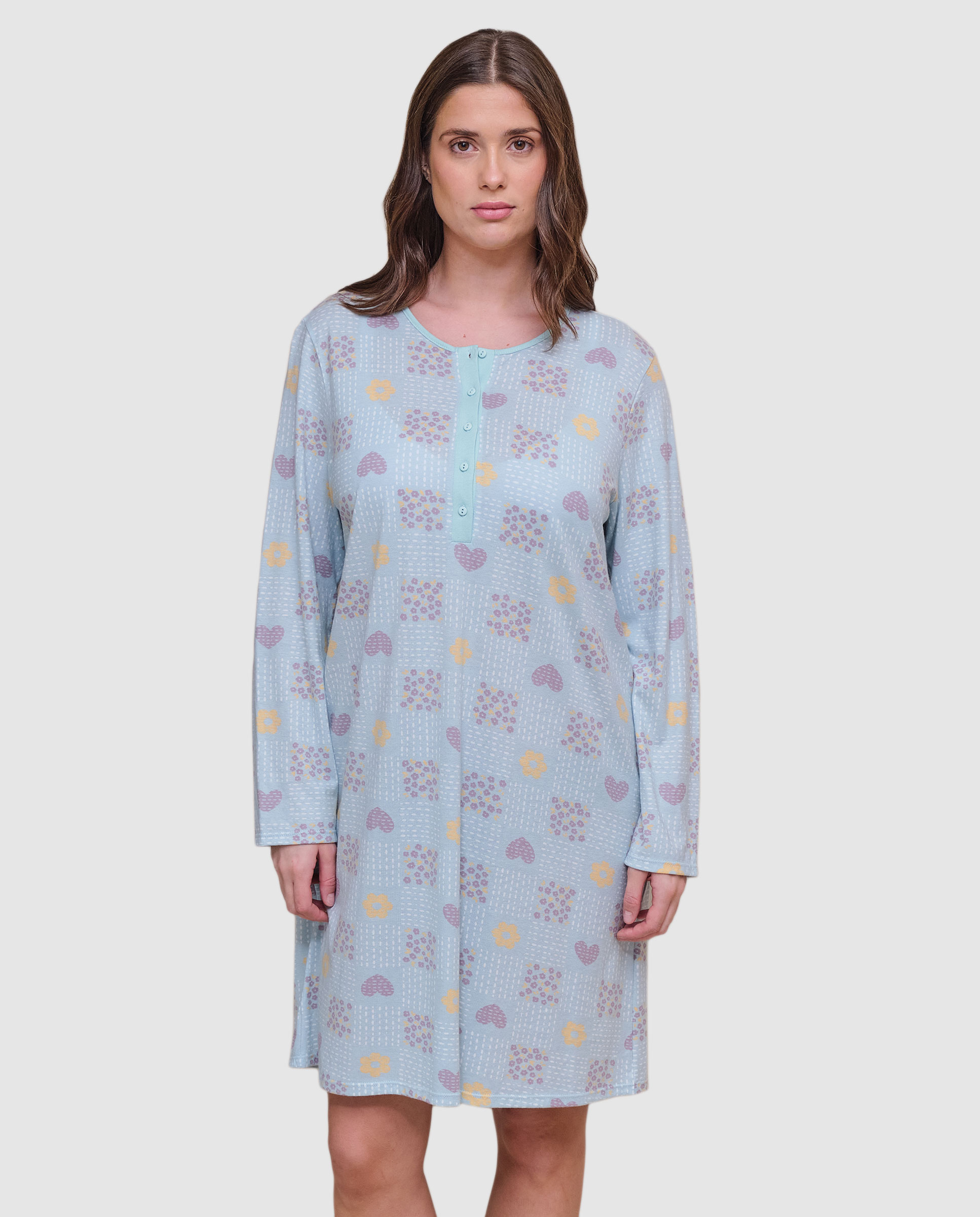 Camisón de mujer de manga larga con tapeta de botones y estampado multicolor - Massana - Verde Agua Verde Agua-1