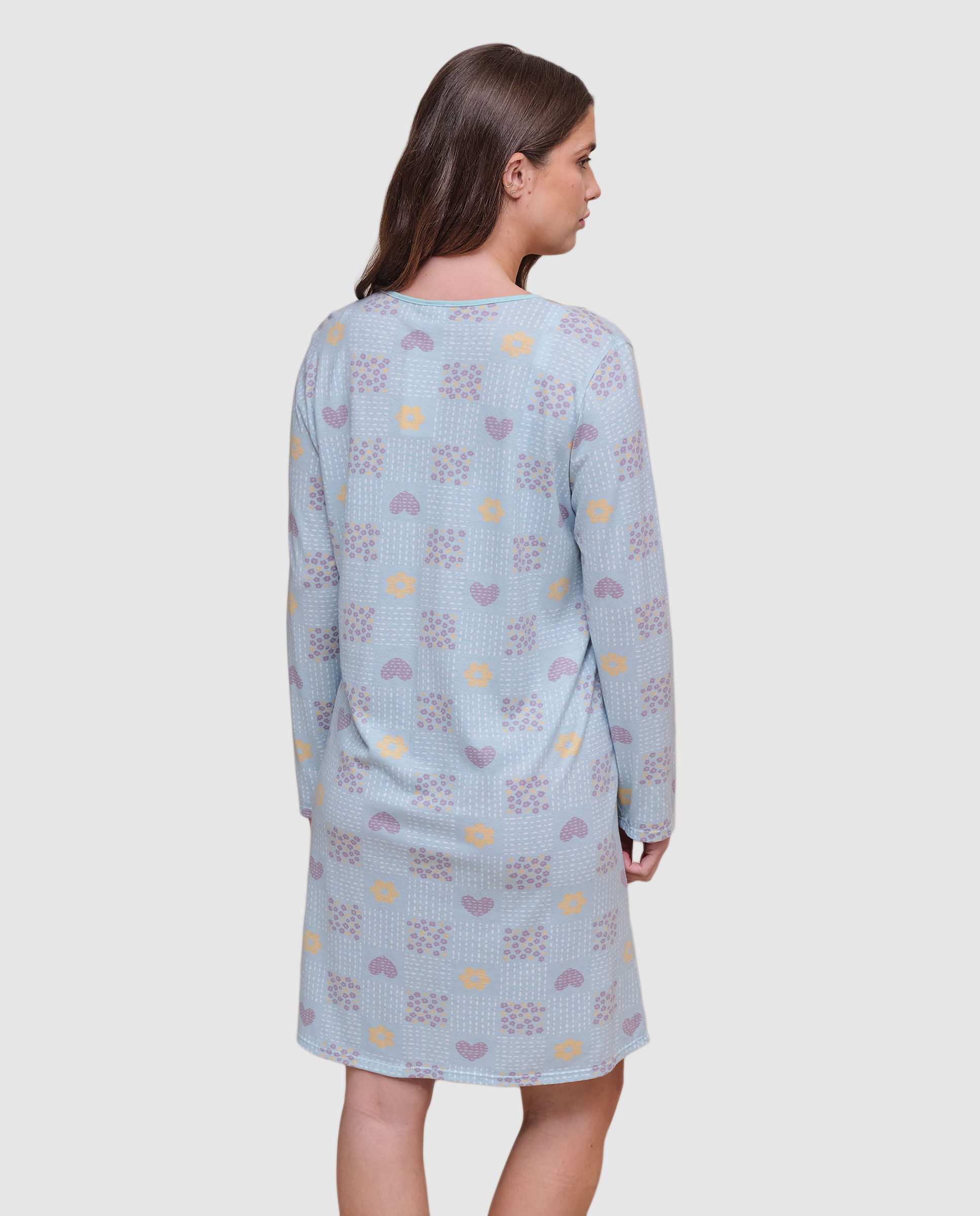 Camisón de mujer de manga larga con tapeta de botones y estampado multicolor - Massana - Verde Agua Verde Agua-2