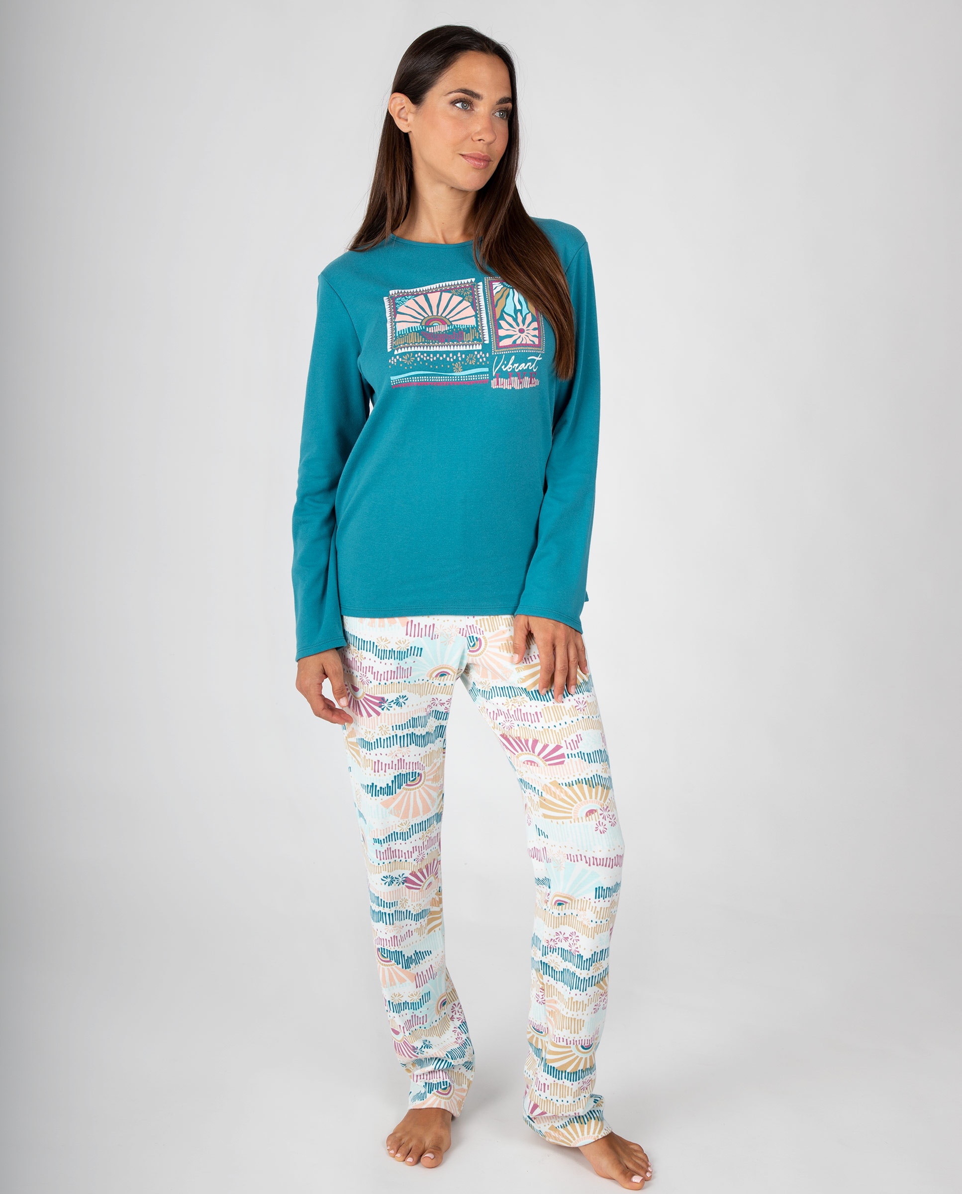 Pijama de mujer de manga larga con estampado frontal y pantalón largo estampado - Massana - Petróleo Petróleo-1