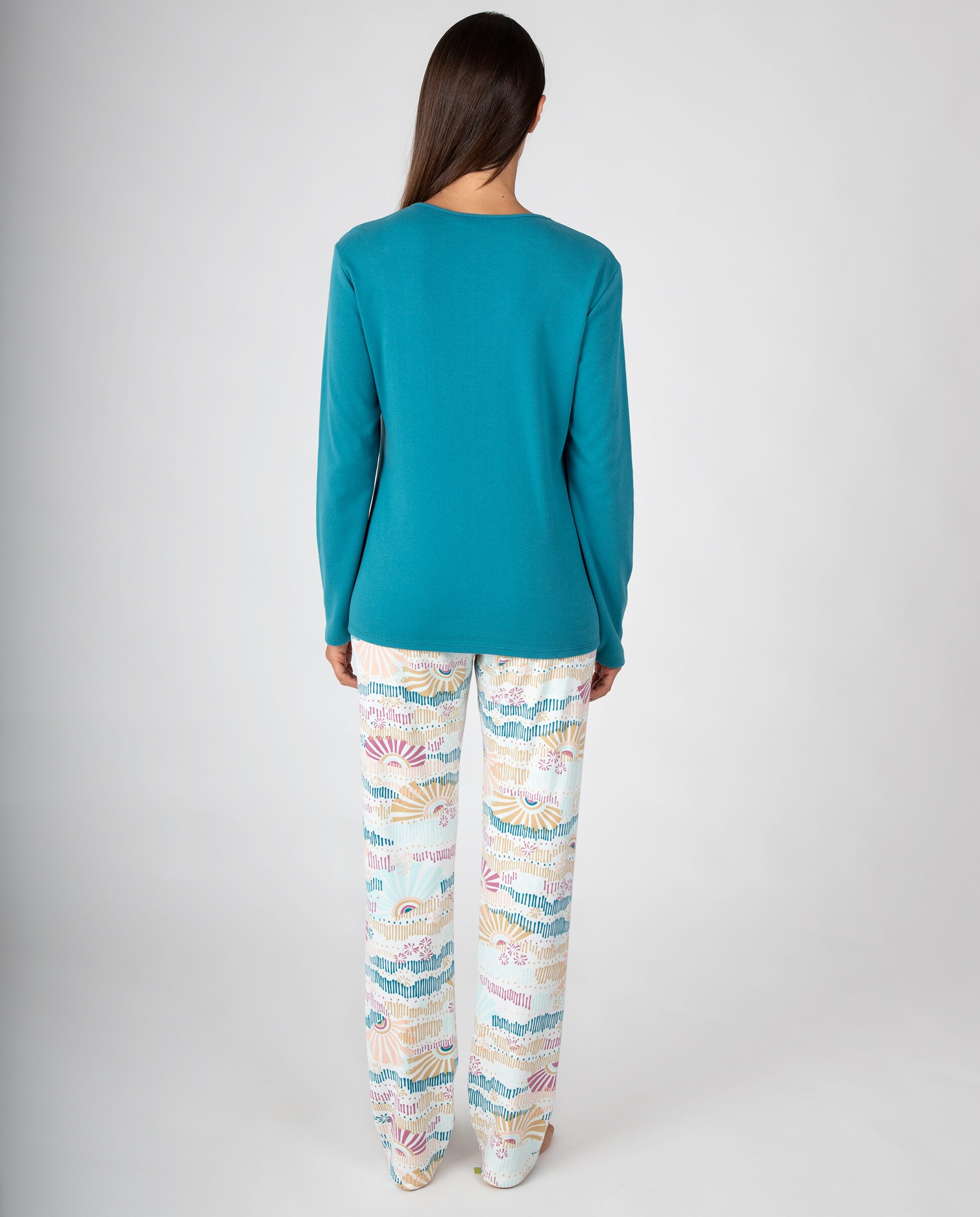 Pijama de mujer de manga larga con estampado frontal y pantalón largo estampado - Massana - Petróleo Petróleo-2