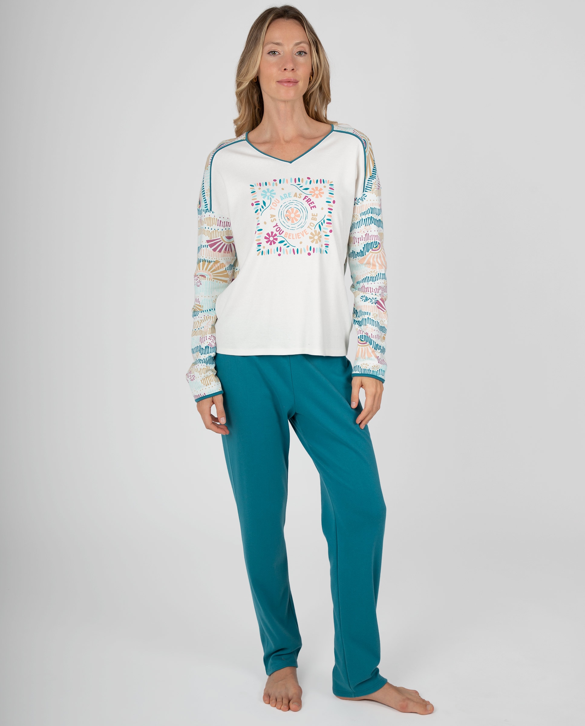 Pijama de mujer de manga larga con cuello pico, mangas estampadas y pantalón largo liso - Massana - Crudo Crudo-1