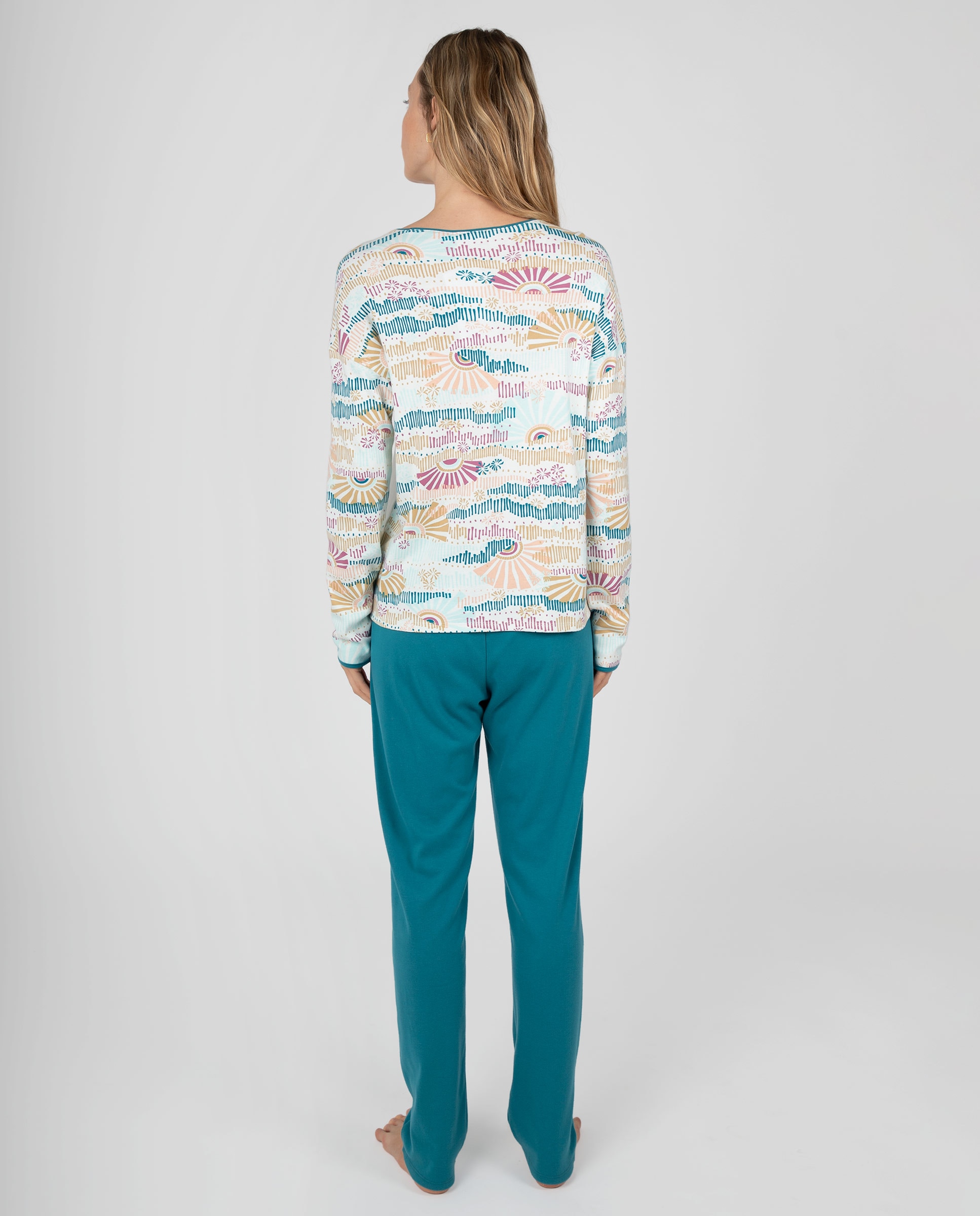 Pijama de mujer de manga larga con cuello pico, mangas estampadas y pantalón largo liso - Massana - Crudo Crudo-2