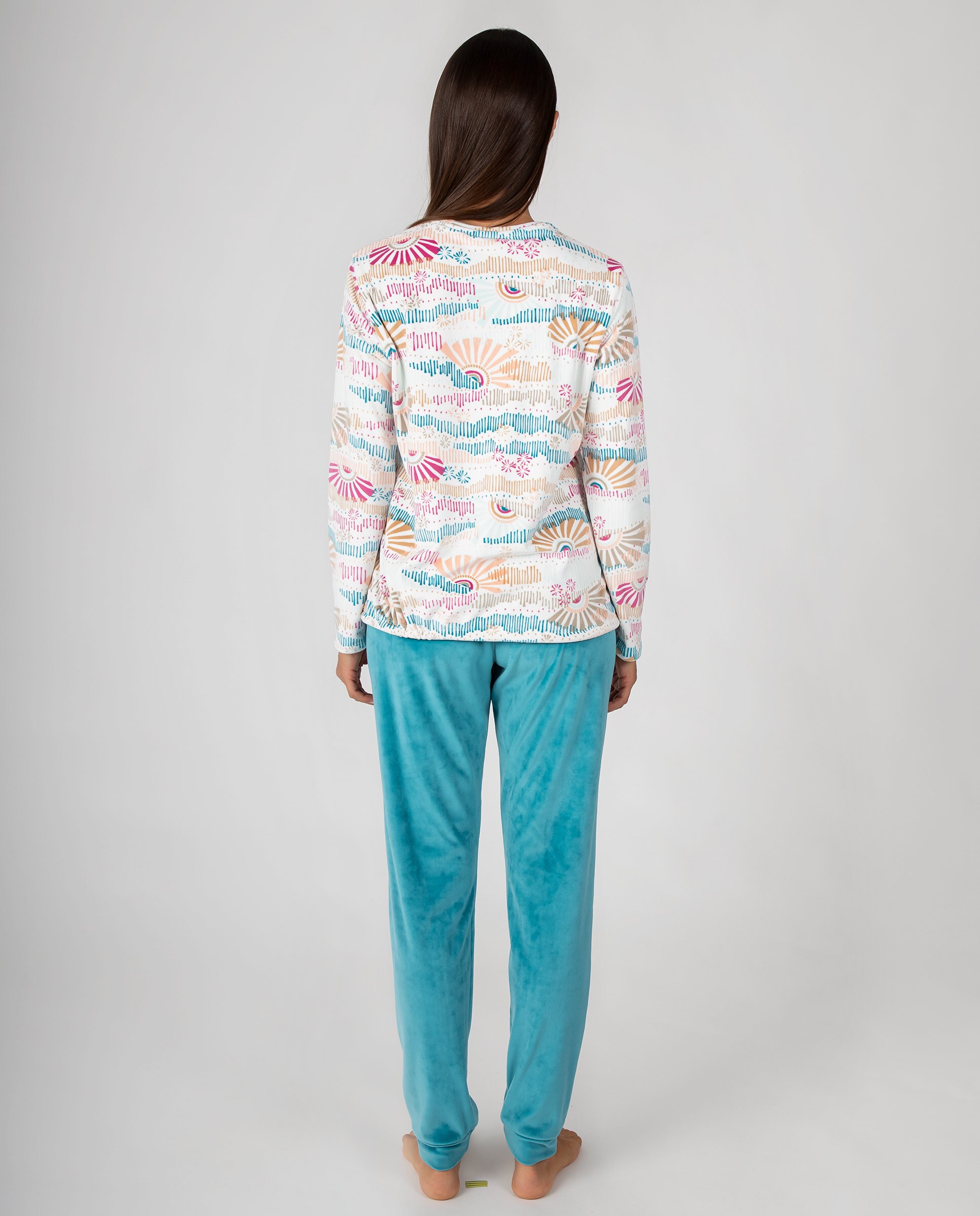 Pijama de mujer de manga larga con estampado de inspiración étnica y pantalón largo liso con puños - Massana - Crudo Crudo-2