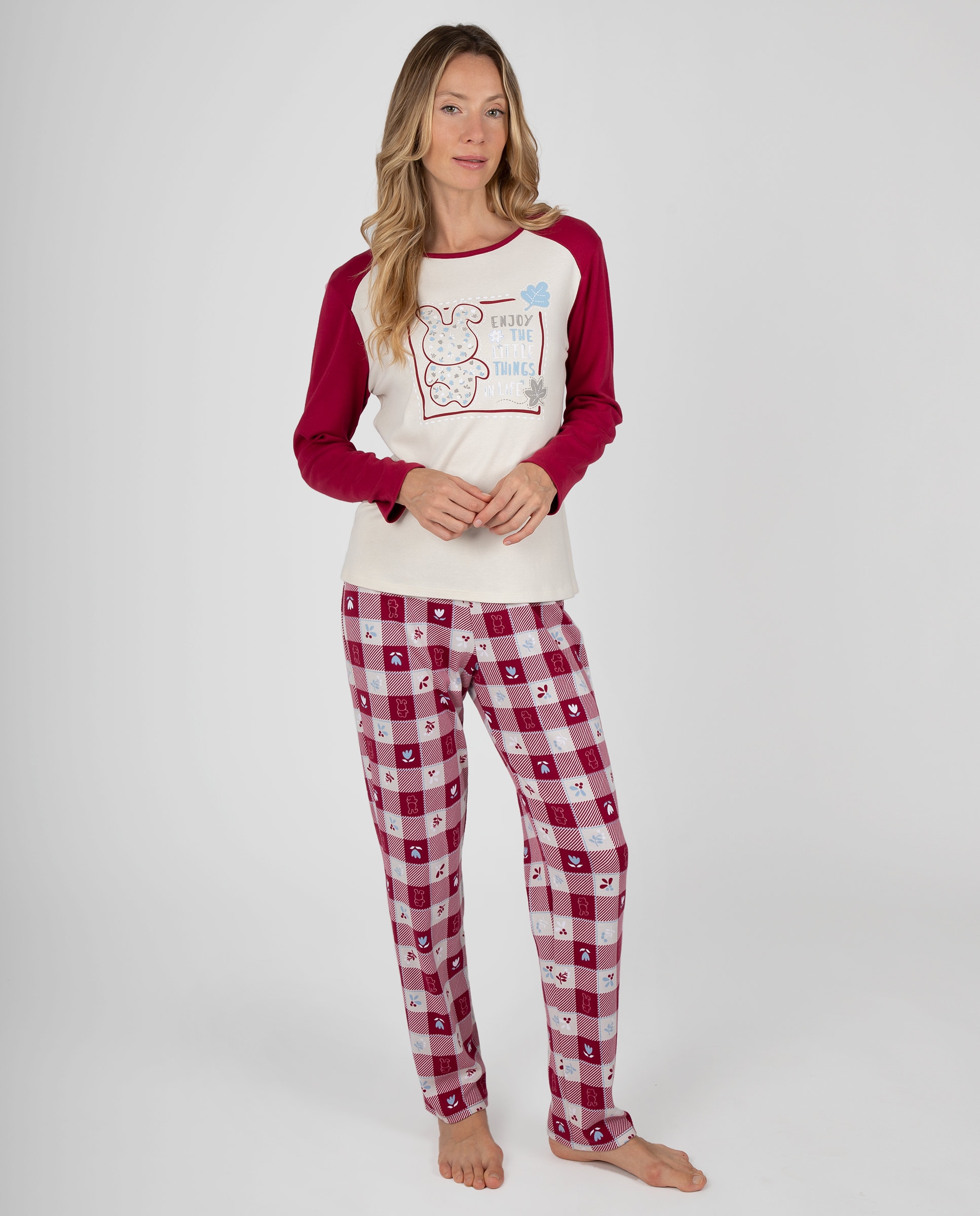 Pijama de mujer de manga larga con estampado frontal y pantalón largo de cuadros con detalles - Massana - Crudo Crudo-1