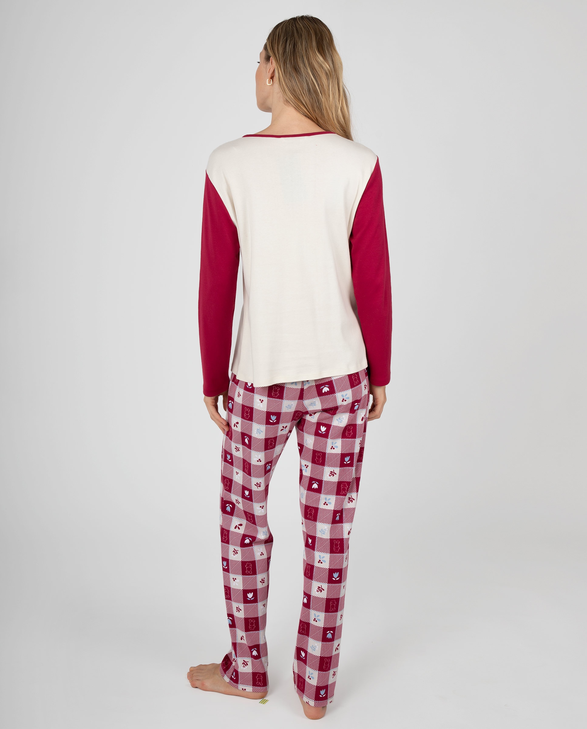 Pijama de mujer de manga larga con estampado frontal y pantalón largo de cuadros con detalles - Massana - Crudo Crudo-2