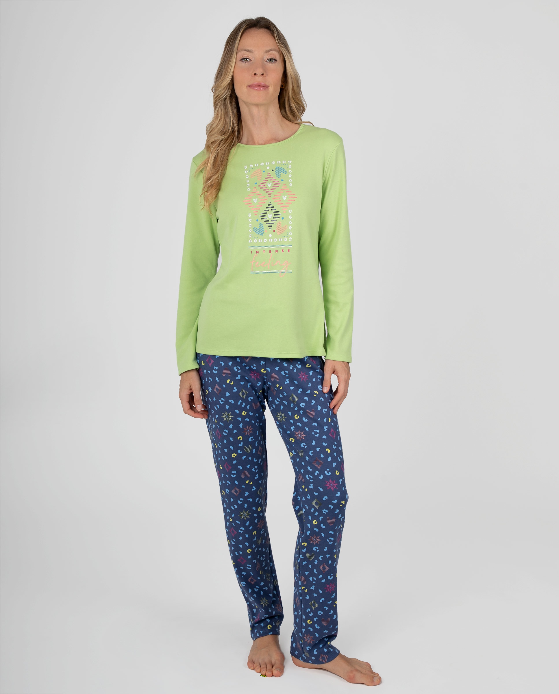 Pijama de mujer de manga larga con diseño gráfico frontal y pantalón estampado - Massana - Lima Lima-1