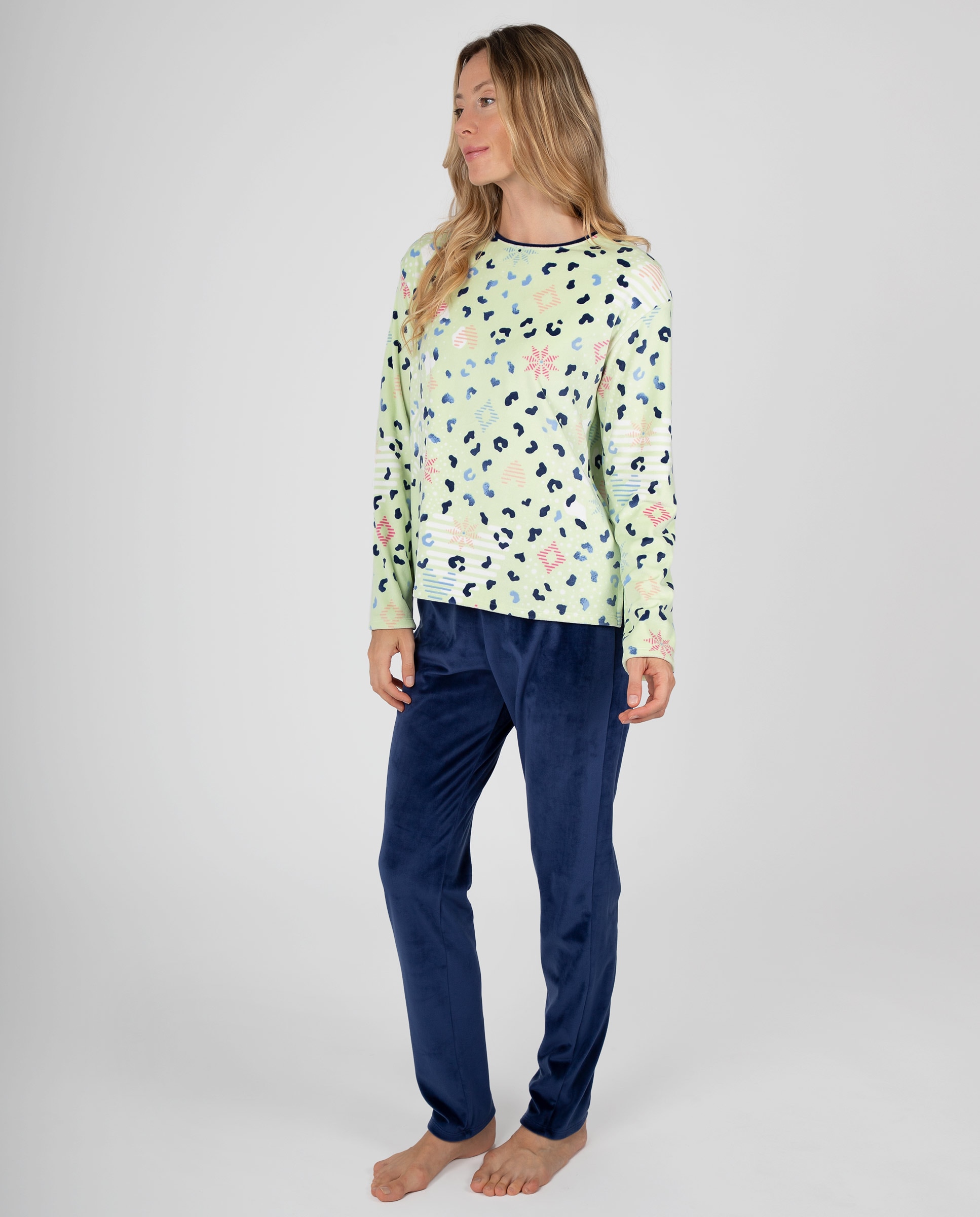 Pijama de mujer de manga larga con cuello redondo a contraste, camiseta con diseño gráfico y pantaló - Massana - Lima Lima-1