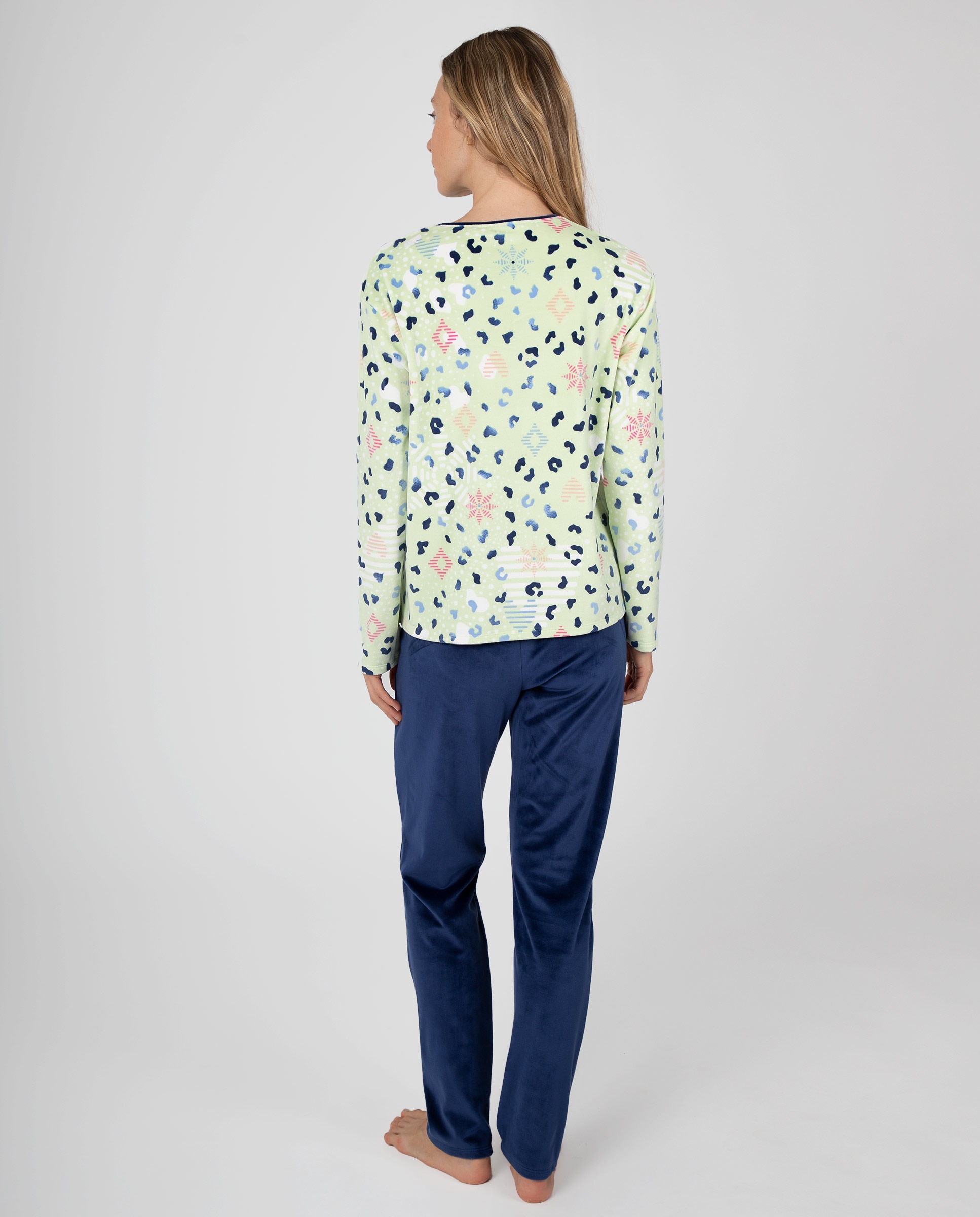 Pijama de mujer de manga larga con cuello redondo a contraste, camiseta con diseño gráfico y pantaló - Massana - Lima Lima-2