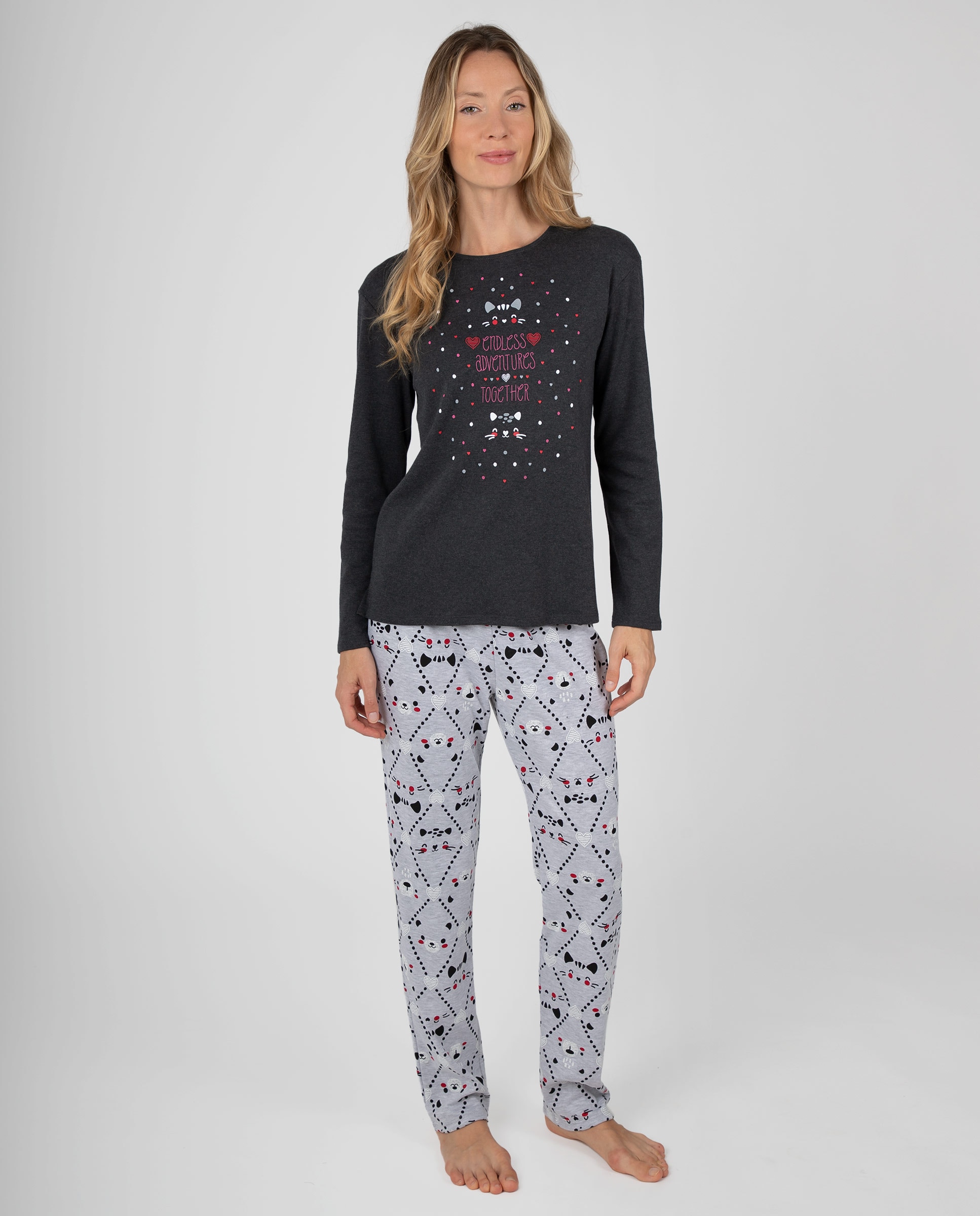 Pijama de mujer de manga larga con camiseta de diseño gráfico y pantalón largo estampado - Massana - Gris Gris-1