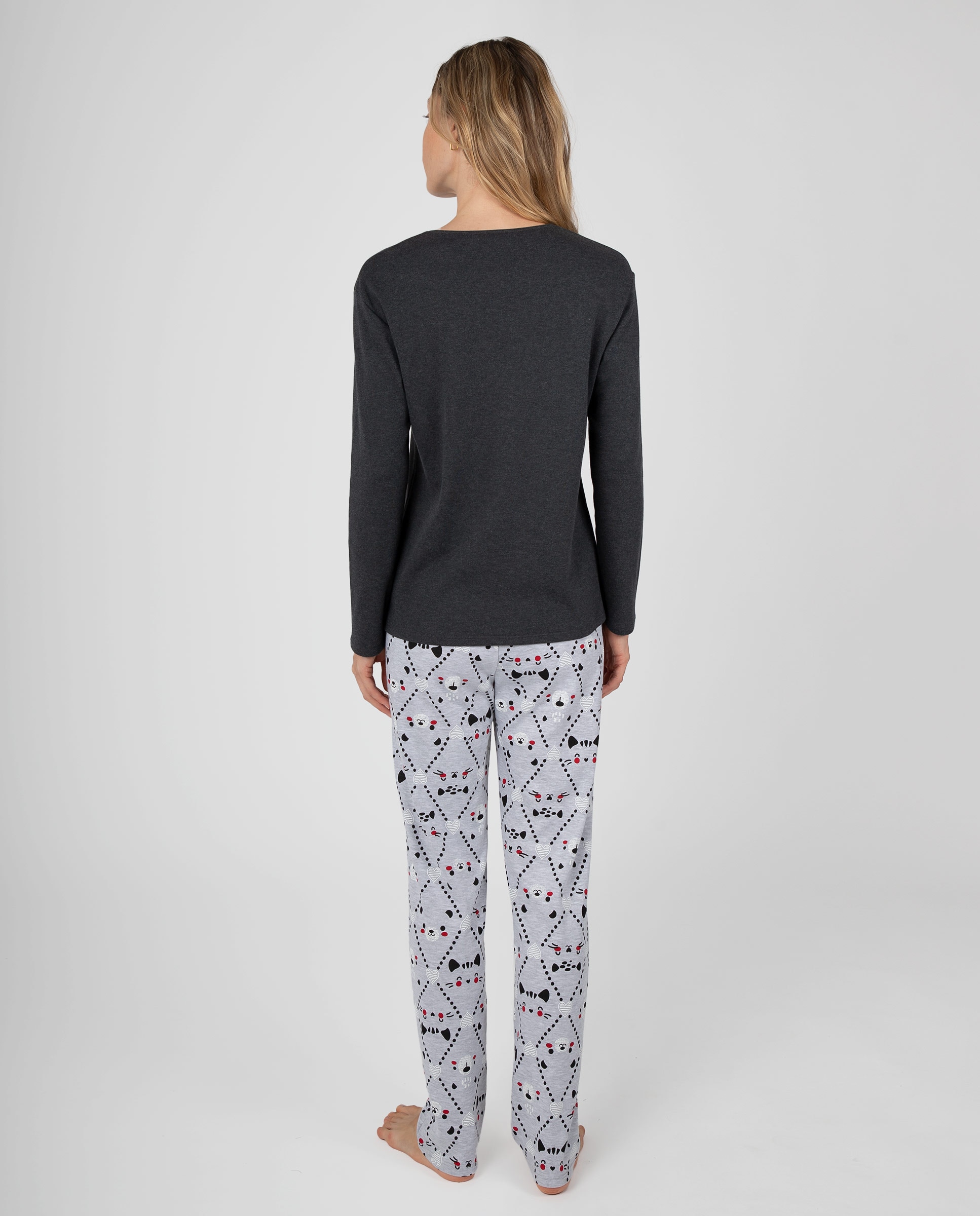 Pijama de mujer de manga larga con camiseta de diseño gráfico y pantalón largo estampado - Massana - Gris Gris-2