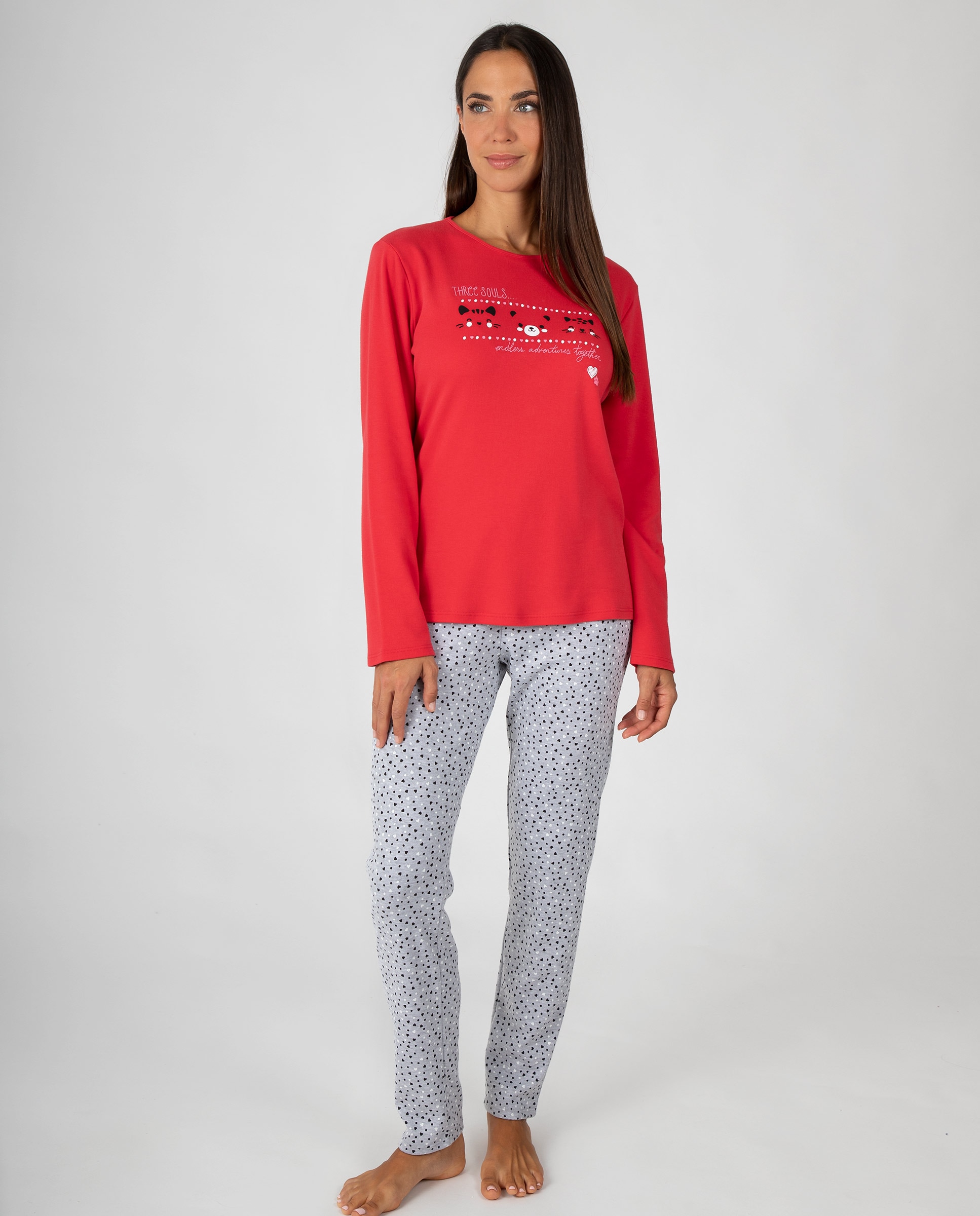 Pijama de mujer de manga larga con diseño gráfico y pantalón estampado de corazones - Massana - Rojo Rojo-1