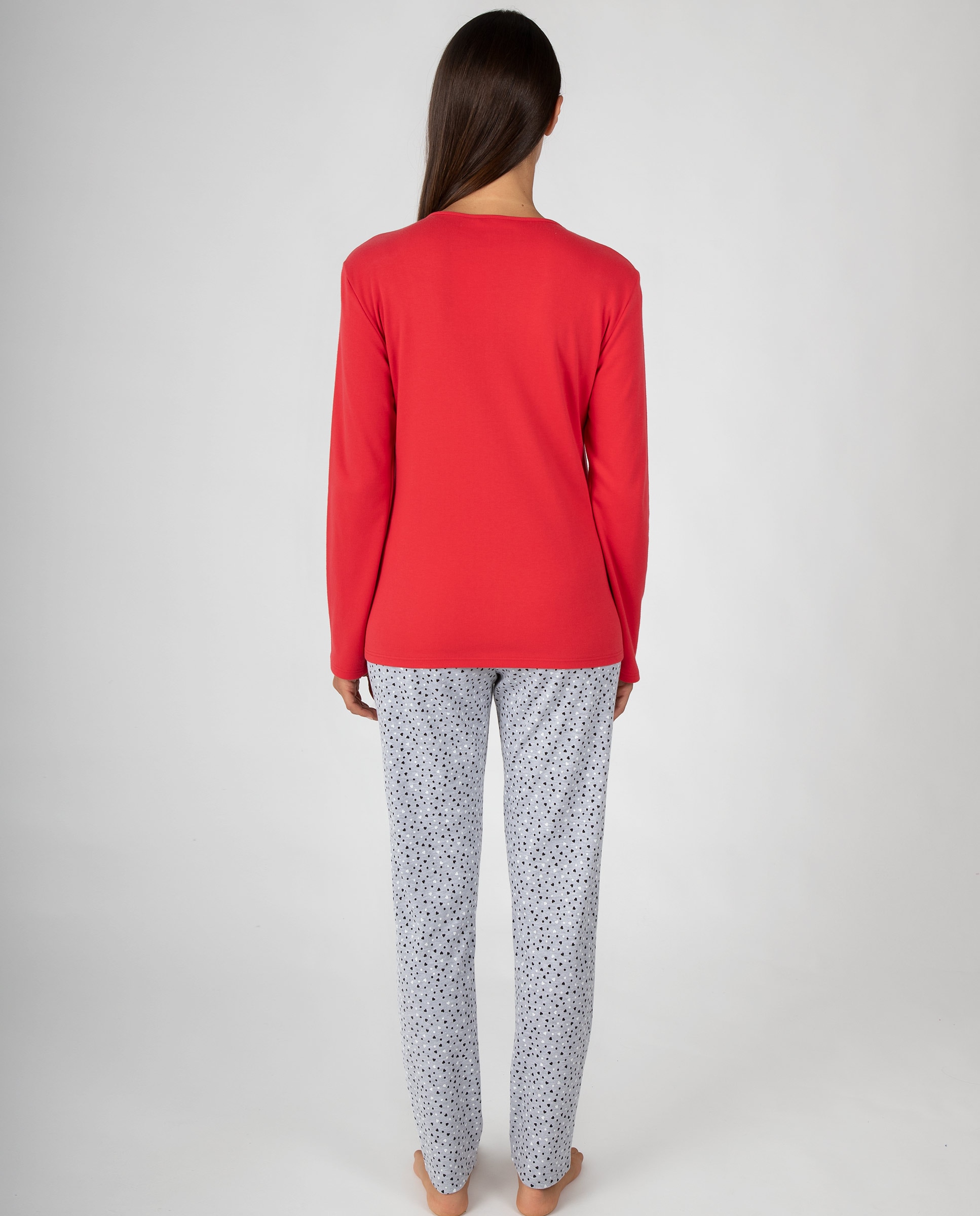 Pijama de mujer de manga larga con diseño gráfico y pantalón estampado de corazones - Massana - Rojo Rojo-2
