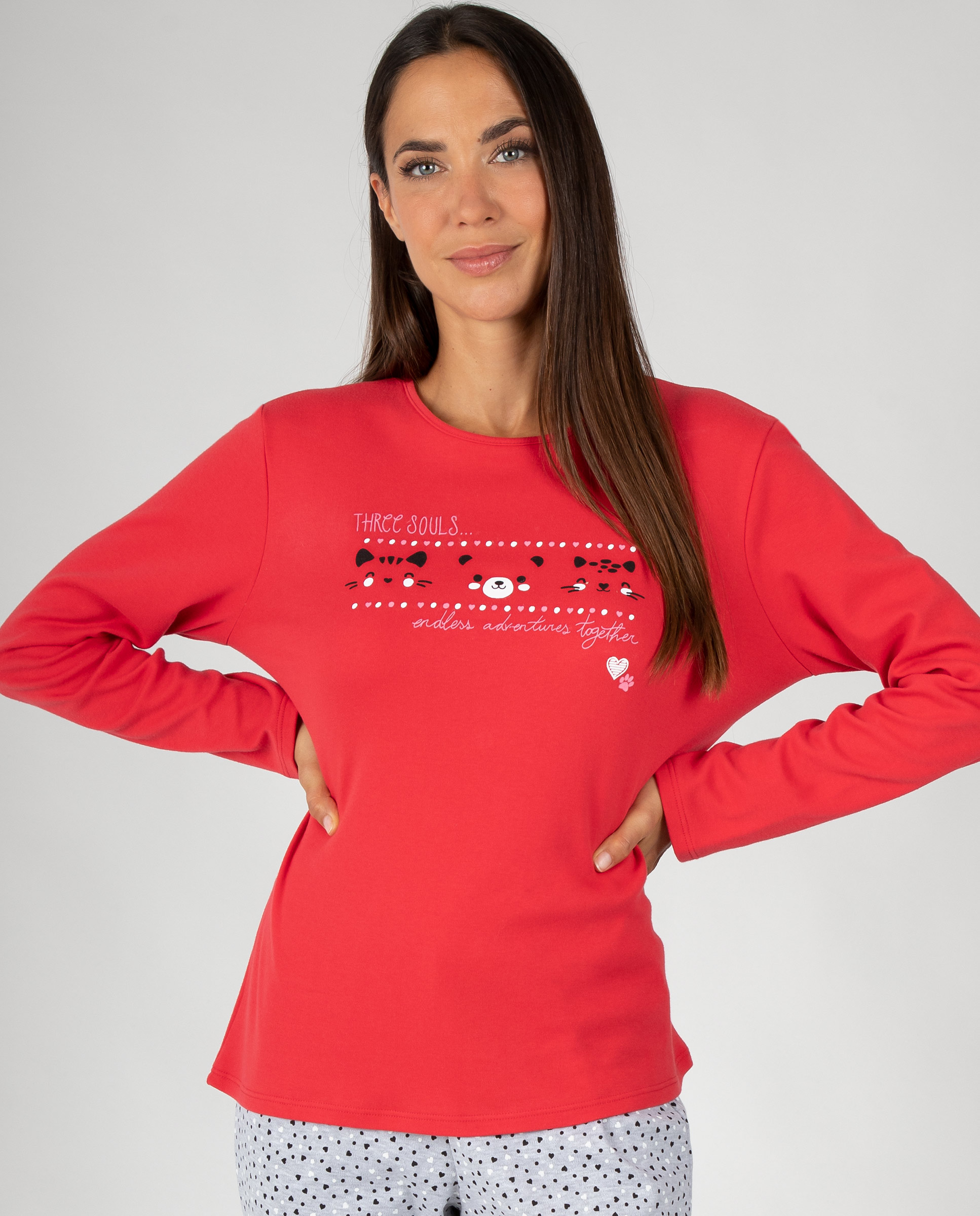 Pijama de mujer de manga larga con diseño gráfico y pantalón estampado de corazones - Massana - Rojo Rojo-3
