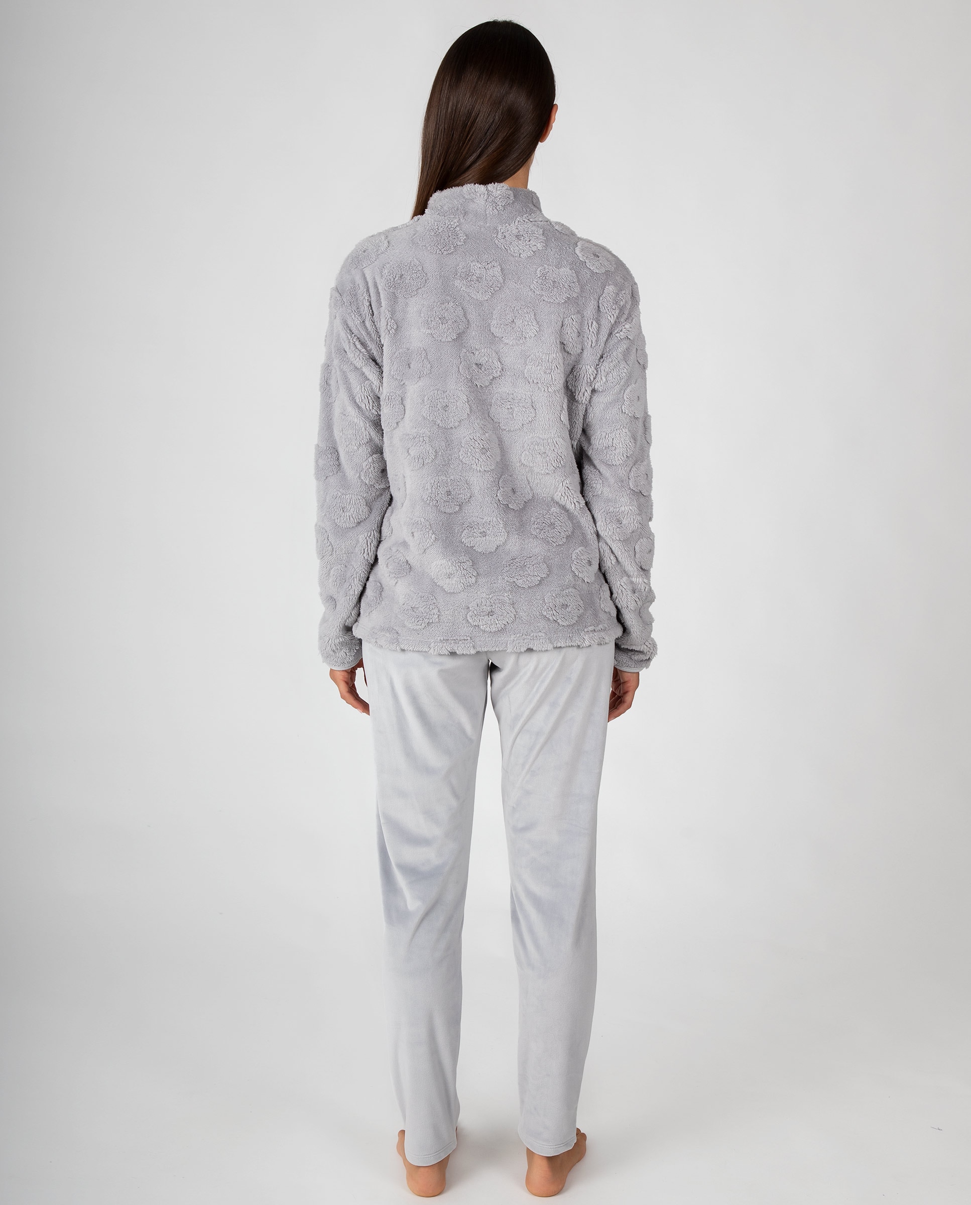 Pijama de mujer de manga larga con tejido de relieve floral y pantalón liso - Massana - Gris Gris-2