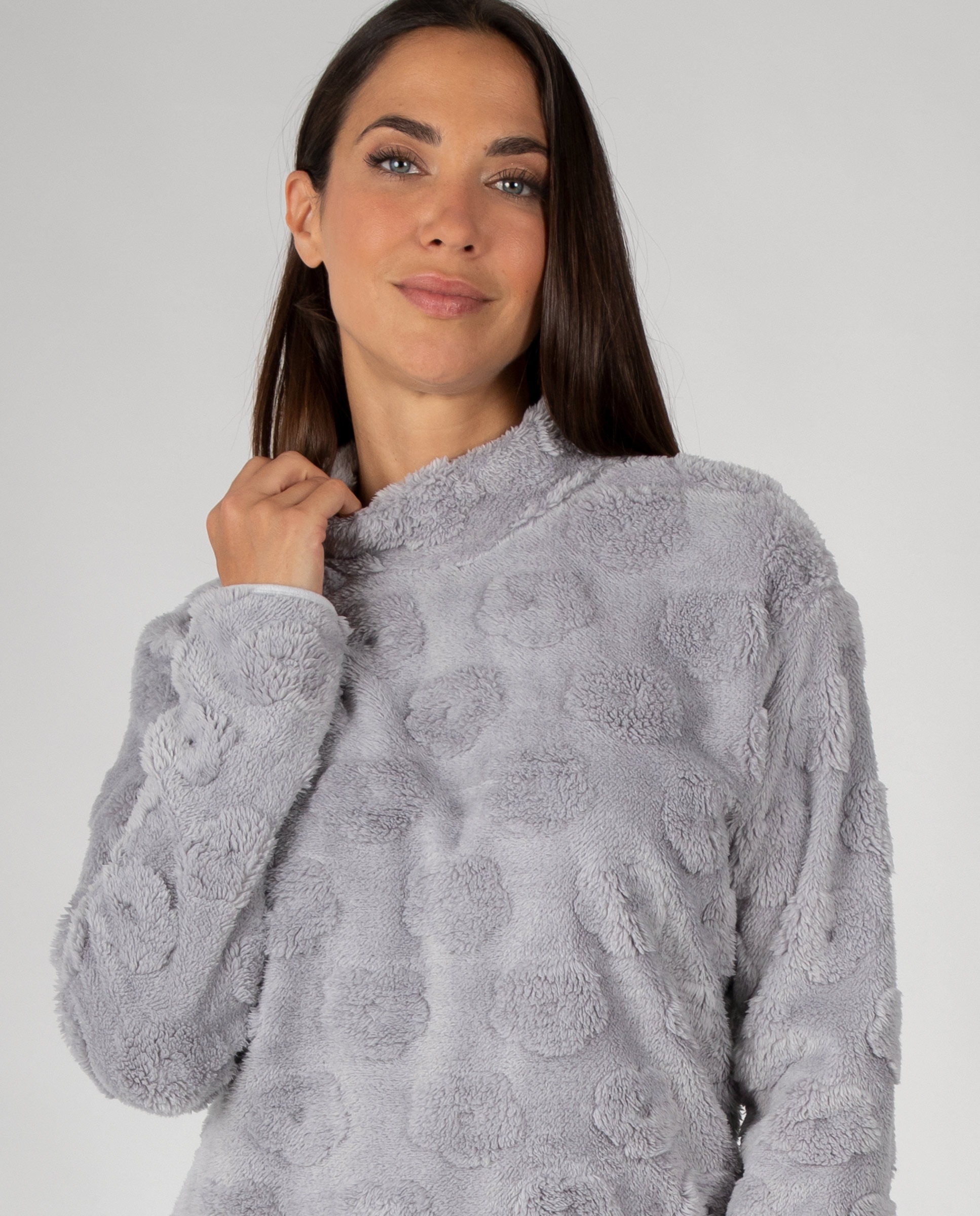 Pijama de mujer de manga larga con tejido de relieve floral y pantalón liso - Massana - Gris Gris-3