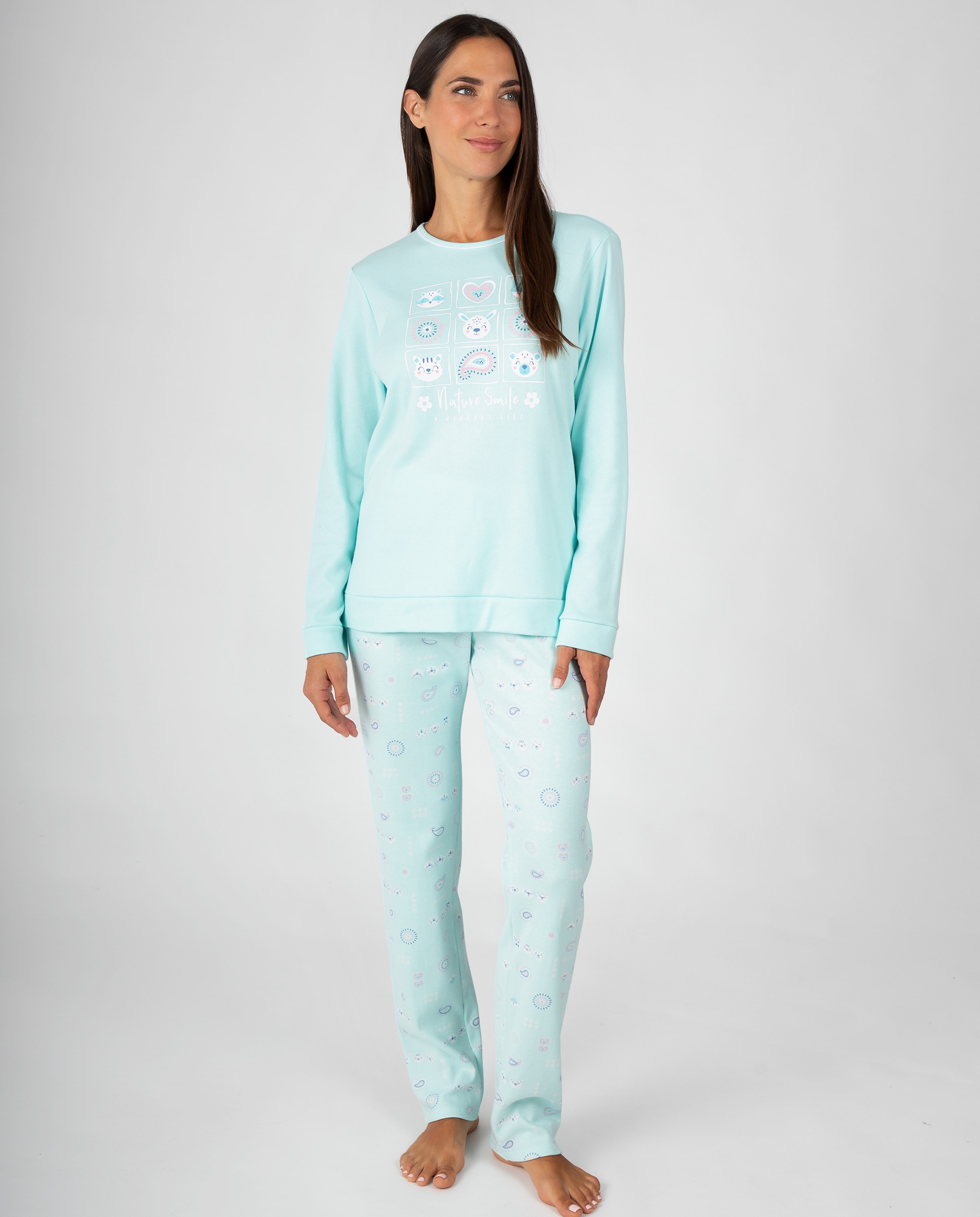 Pijama de mujer con cuello redondo, ribete a contraste y pantalón largo estampado a juego - Massana - Turquesa Turquesa-1