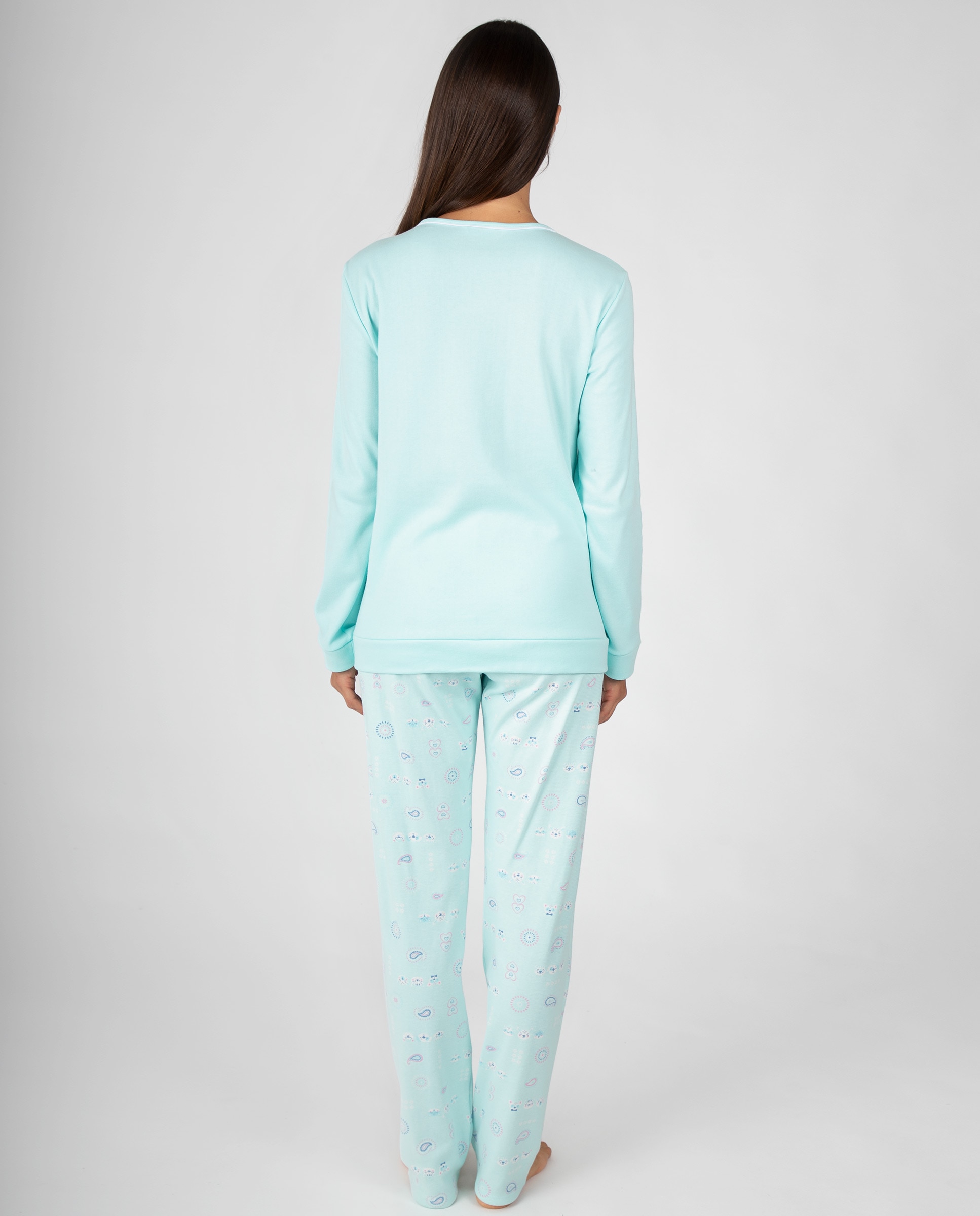 Pijama de mujer con cuello redondo, ribete a contraste y pantalón largo estampado a juego - Massana - Turquesa Turquesa-2