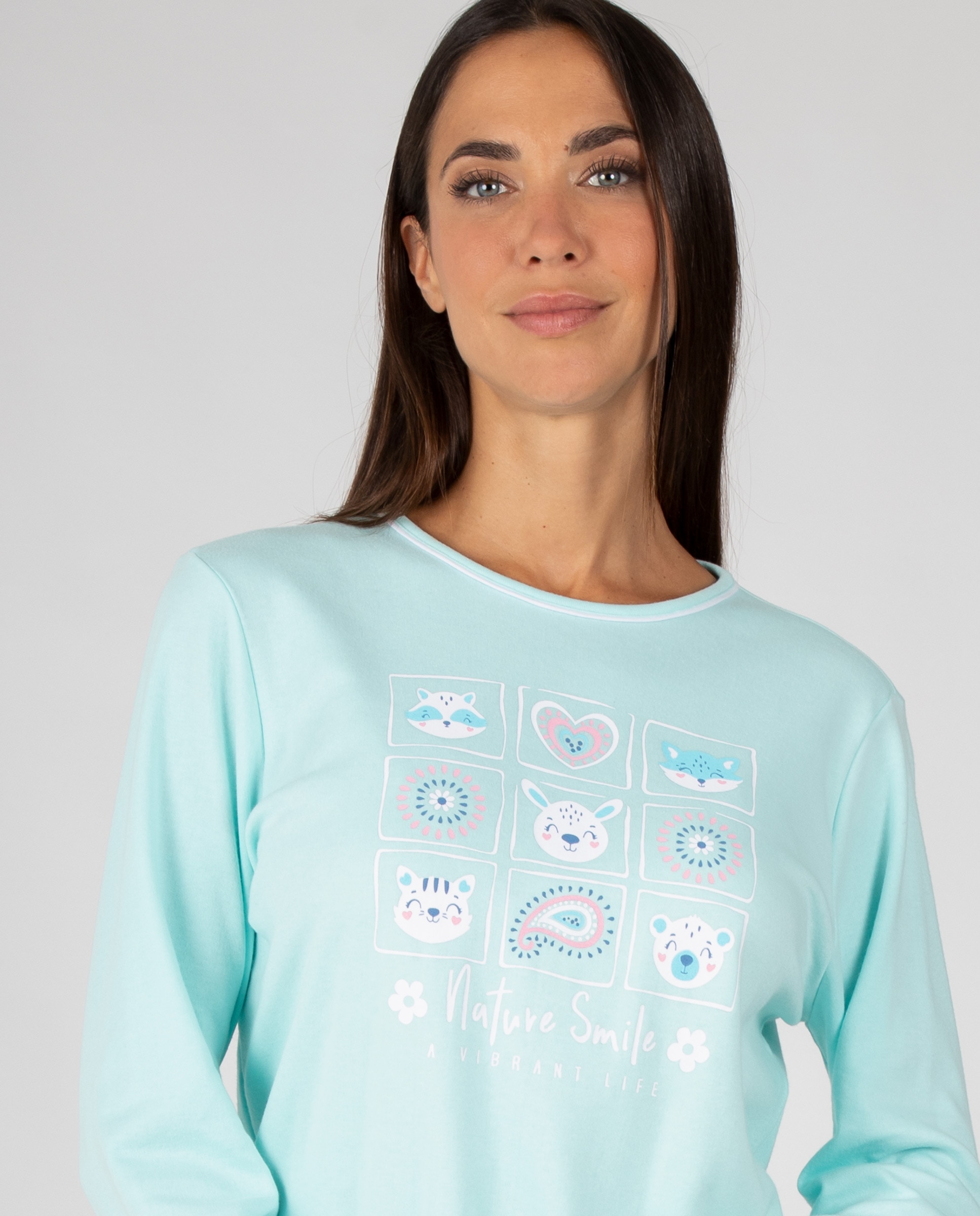 Pijama de mujer con cuello redondo, ribete a contraste y pantalón largo estampado a juego - Massana - Turquesa Turquesa-3