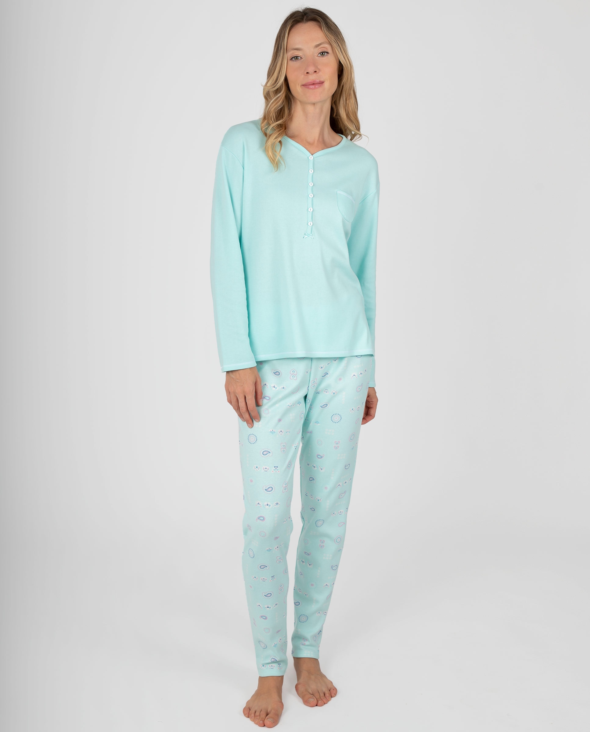 Pijama de mujer con tapeta abotonada, lazo decorativo y pantalón largo estampado a juego - Massana - Turquesa Turquesa-1