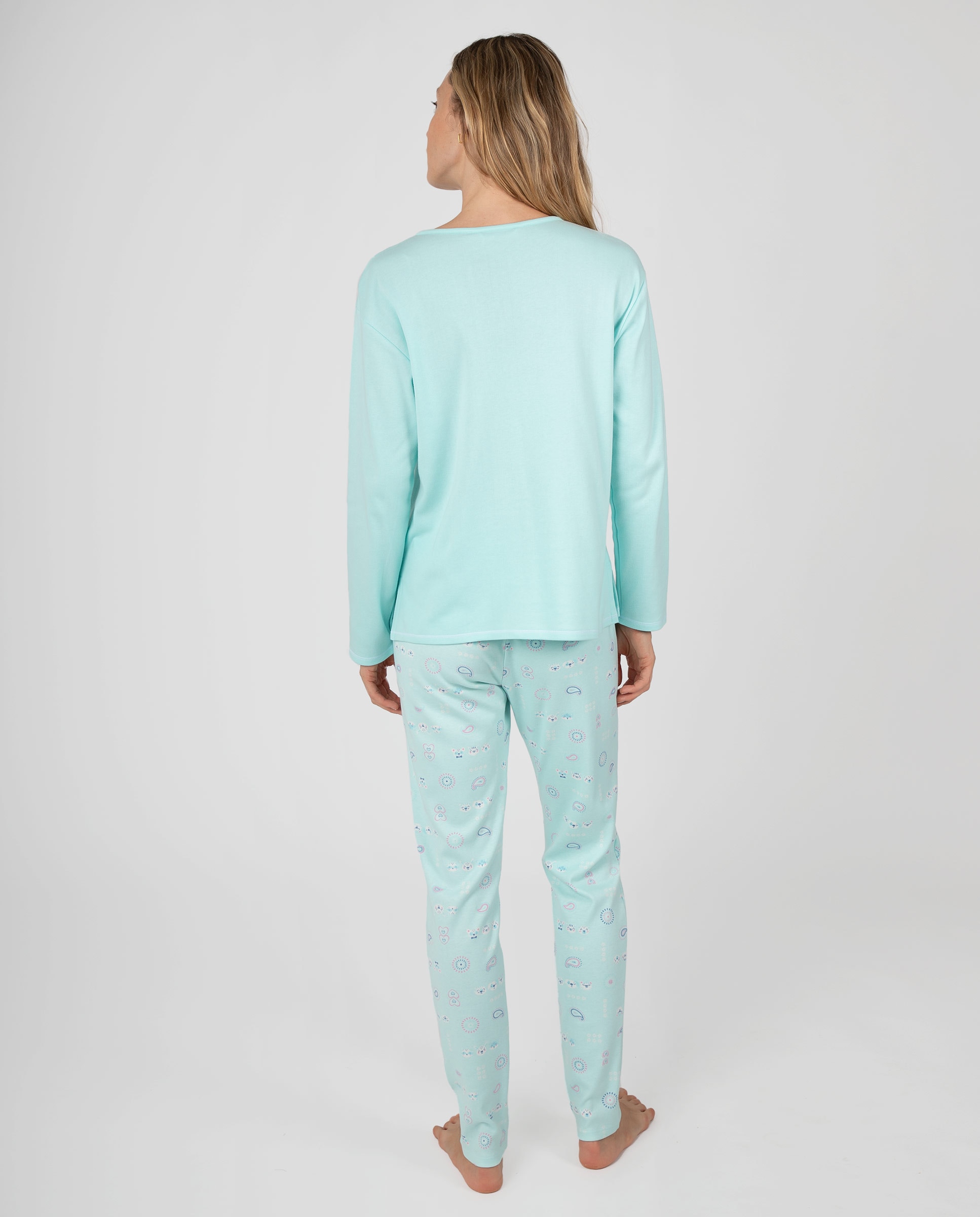Pijama de mujer con tapeta abotonada, lazo decorativo y pantalón largo estampado a juego - Massana - Turquesa Turquesa-2
