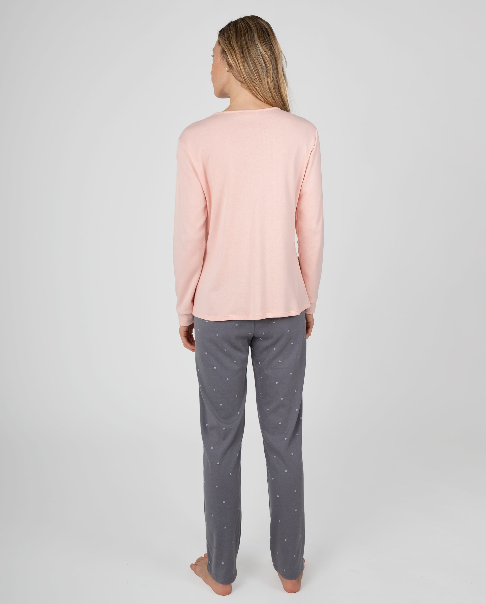 Pijama de mujer con tapeta abotonada y pantalón largo de corazones - Massana - Rosa Rosa-2