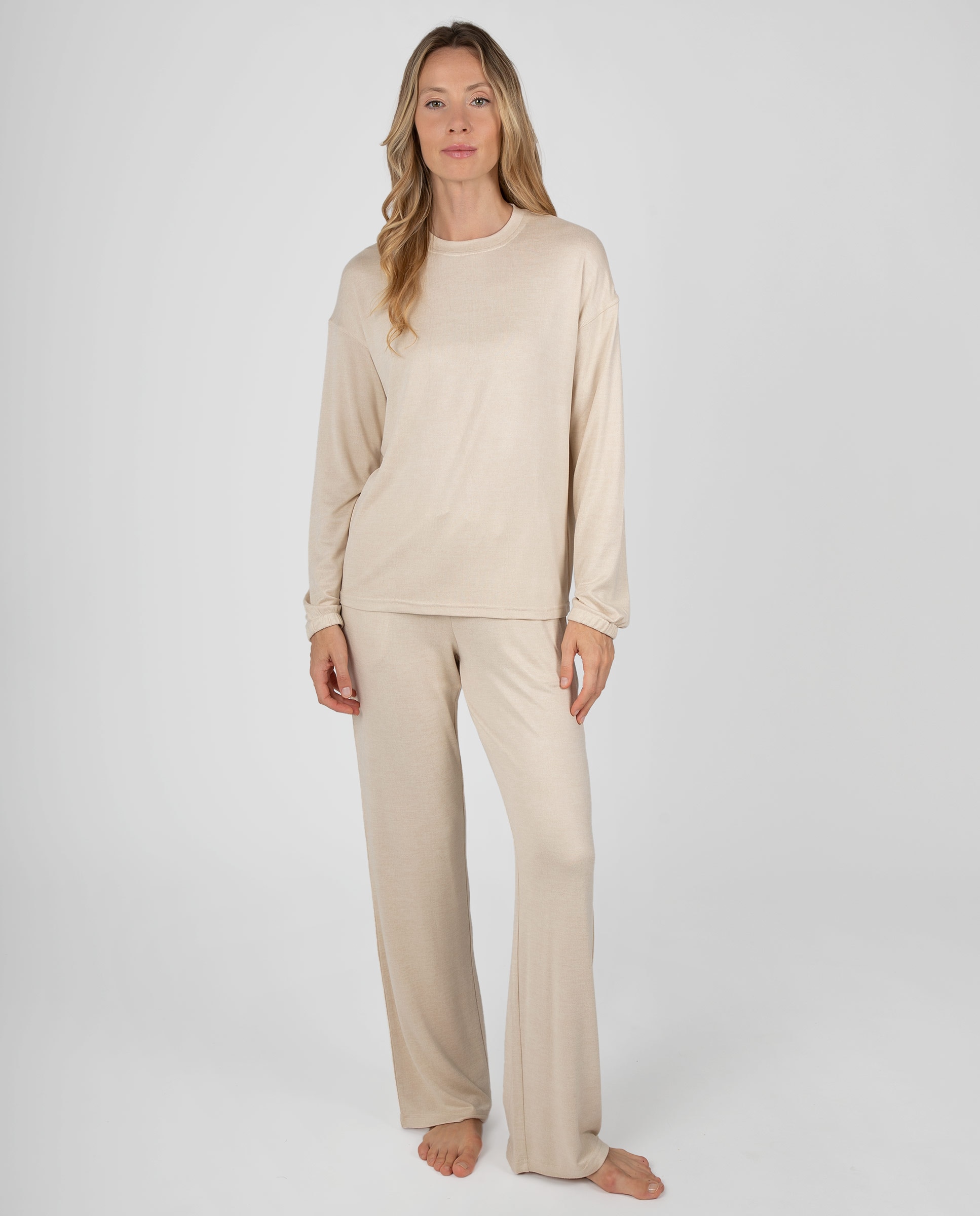 Pijama de mujer de diseño liso con puños fruncidos y pantalón de bajo rematado - Massana - Beige Beige-1
