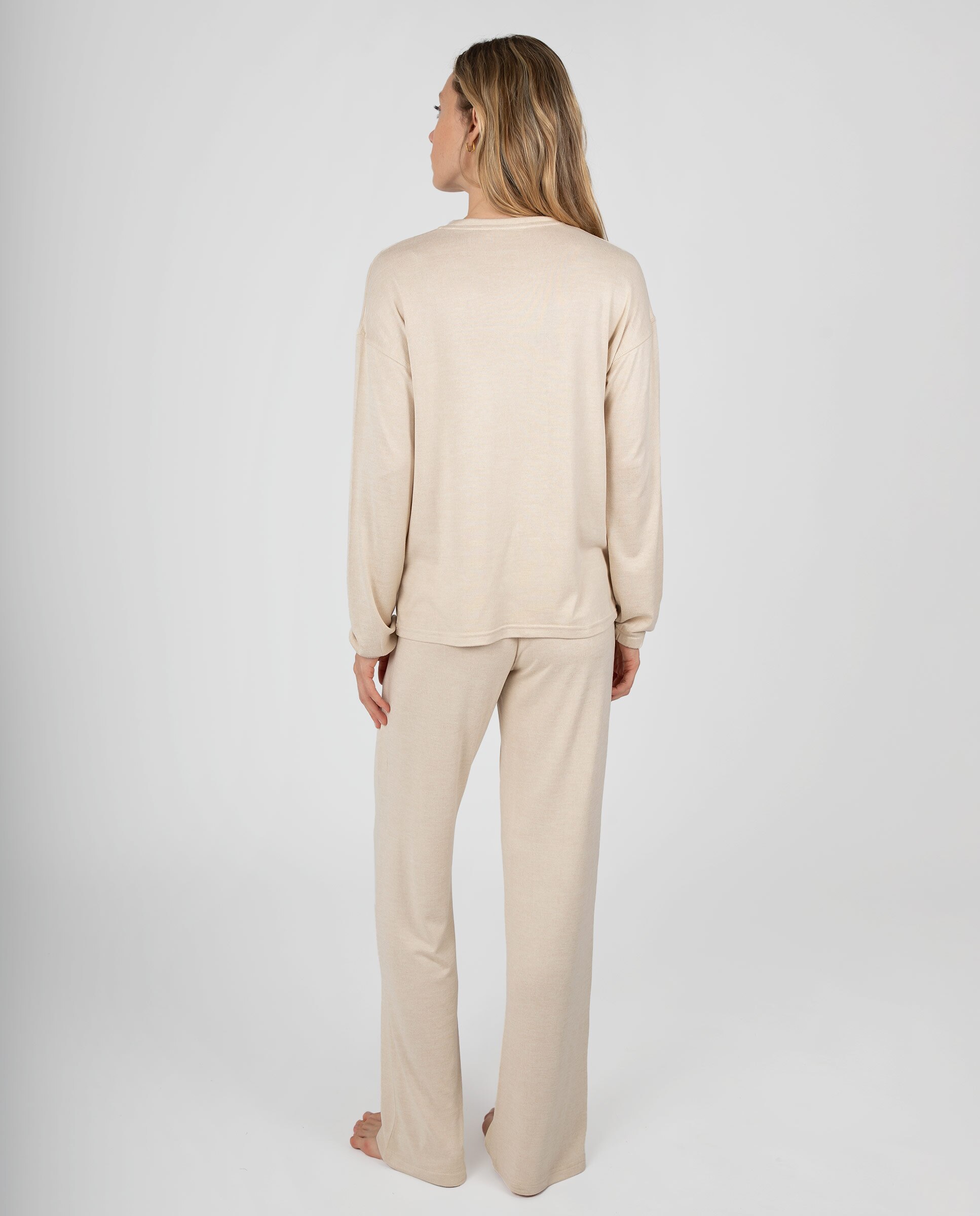 Pijama de mujer de diseño liso con puños fruncidos y pantalón de bajo rematado - Massana - Beige Beige-2